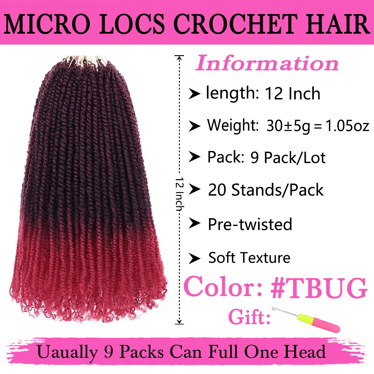Cookoo 12 Inch Pre-Looped Micro Twist Crochet Hair 8 Packs Ombre Red Mini Pre-Twisted Passion Twist Hair Mini Senegalese Twist C