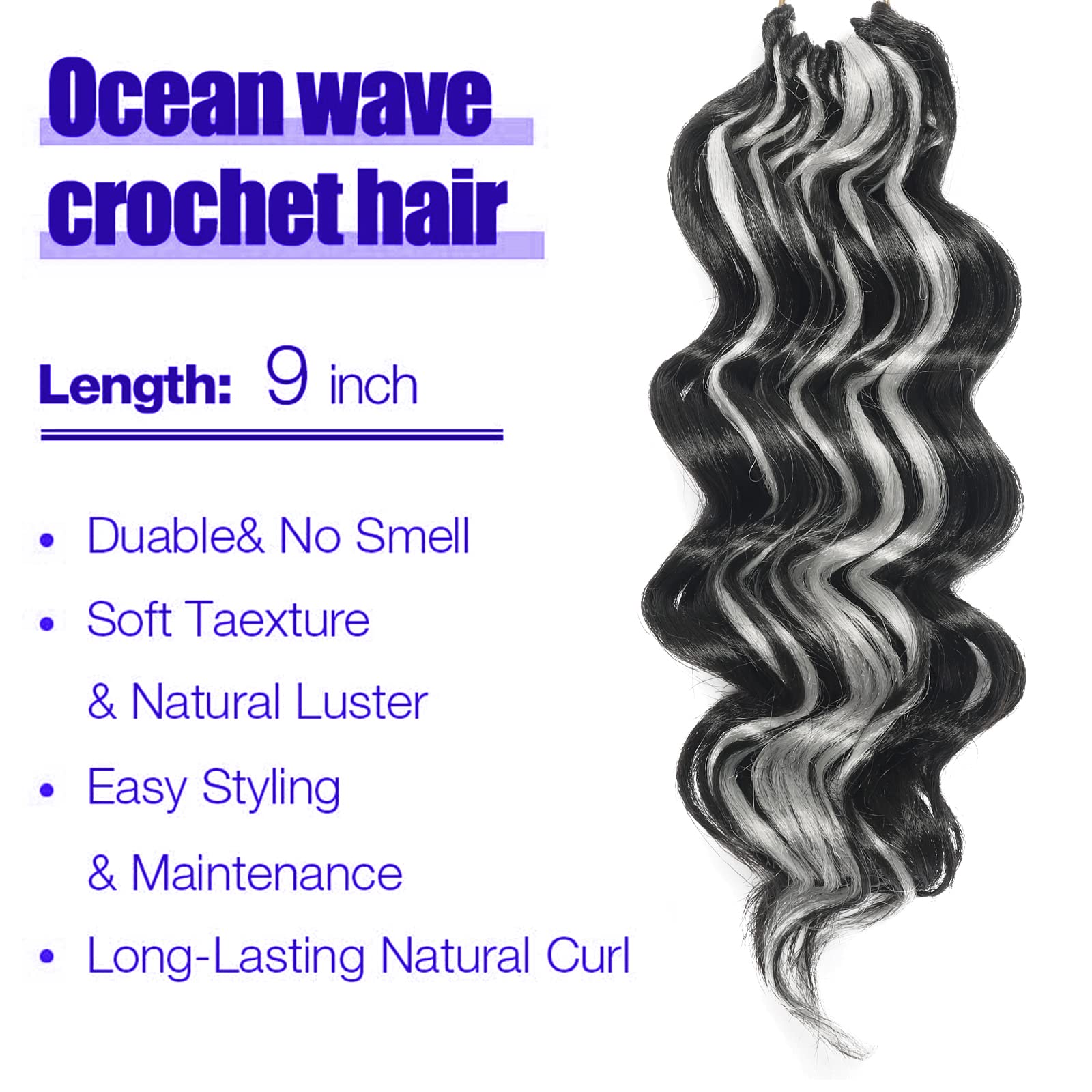 Ocean Wave Crochet Hair Pre Looped 9 Inch Curly Braiding Ocean Wave Hair 7 Packs Grey Deep Wave Short Wavy Ocean Wave Crochet Br
