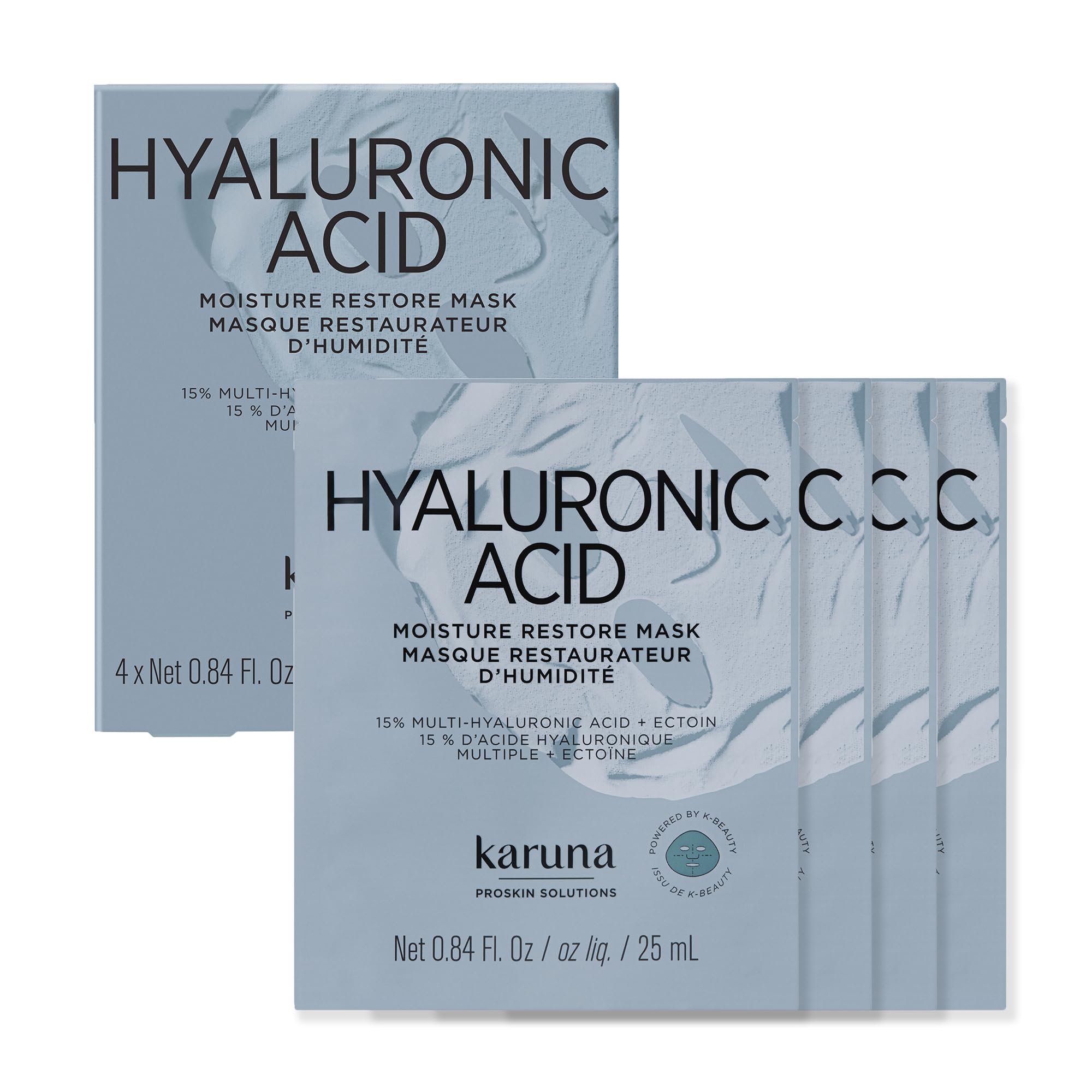 Karuna Hyaluronic Acid Pro Face Mask 4Pack  KBeauty Hydrating Sheet Masks with 15% MultiHyaluronic Acid, Ectoin, 5% Niacinam
