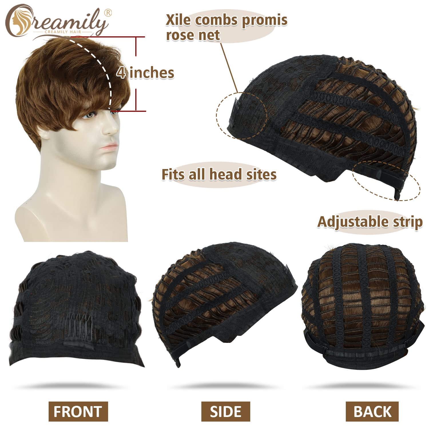 Creamily Short Brown Wig For Mens Wigs Short Hair Replacement Wig Men'S Synthetic Hair Wig Men Realistic Halloween Costumes Part