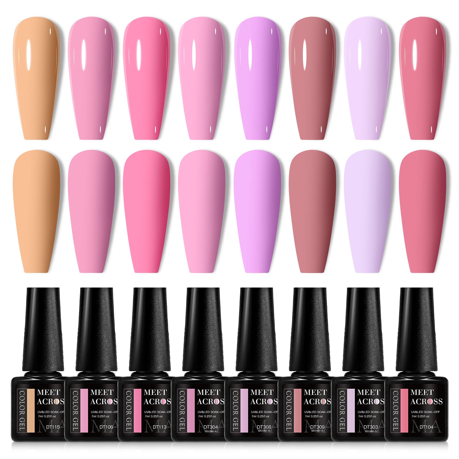 MEET ACROSS Gel Nail Polish Set, 8PCS Pink Gel Nail Polish Kit, Soak Off UV/LED Nail Polish Nail Art Design Salon Home Gifts for