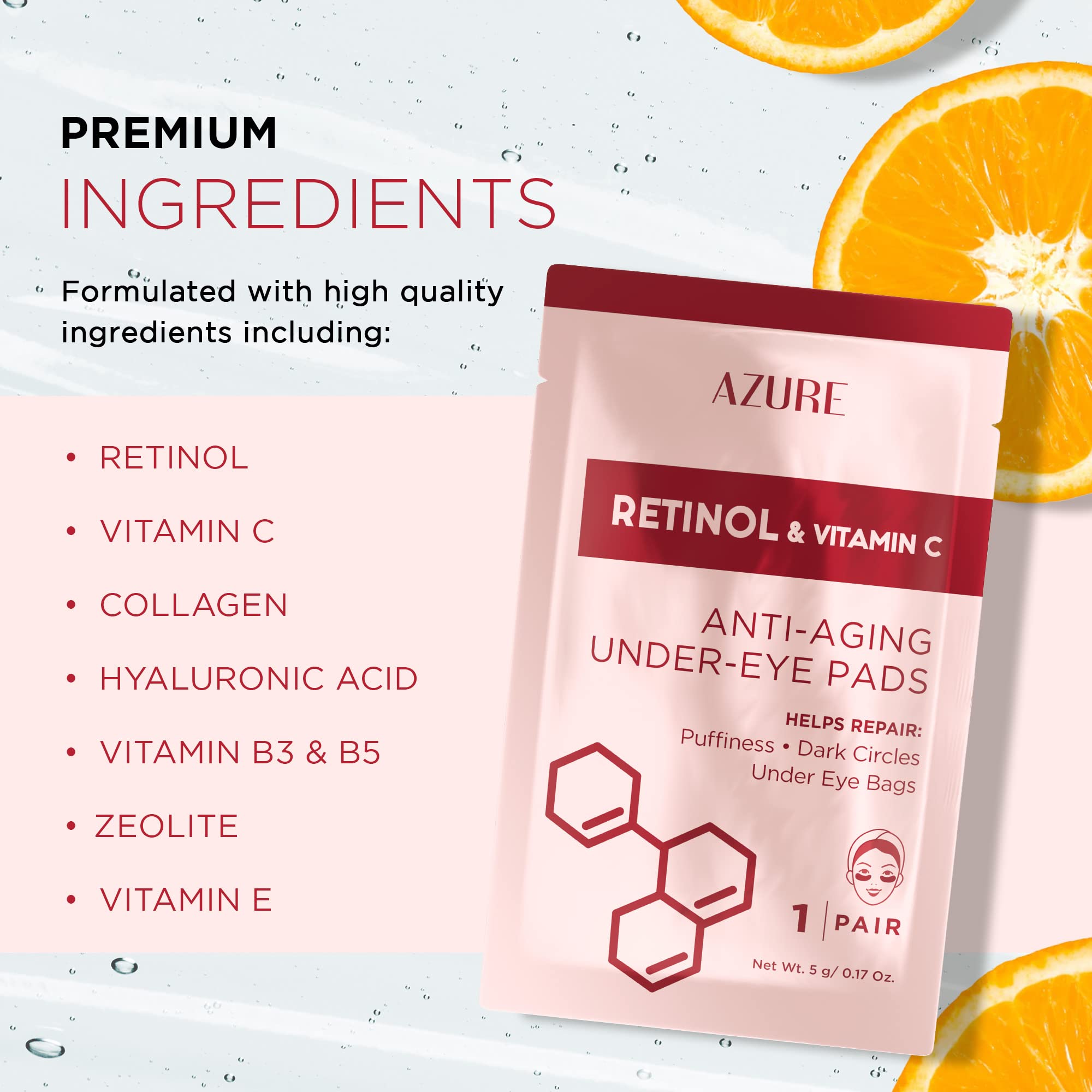 Azure Retinol & Vitamin C Anti Aging Under Eye Pads - Hydrating & Refreshing Eye Mask Patches - Reduces Fine Lines, Wrinkles, Da