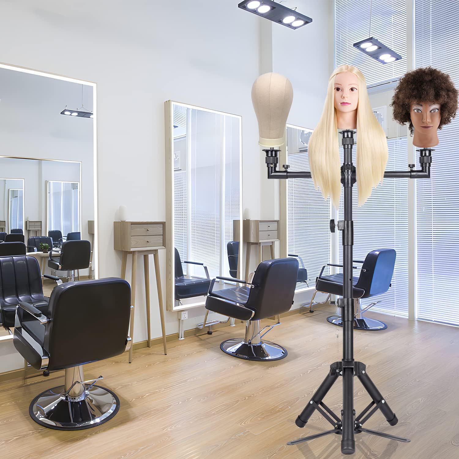 AliLeader 50 Inch 3 Arms Wig Stand Tripod With Head Adjustable Mannequin Head Stand Stainless Steel Wig Tripod Stand Wig Head St
