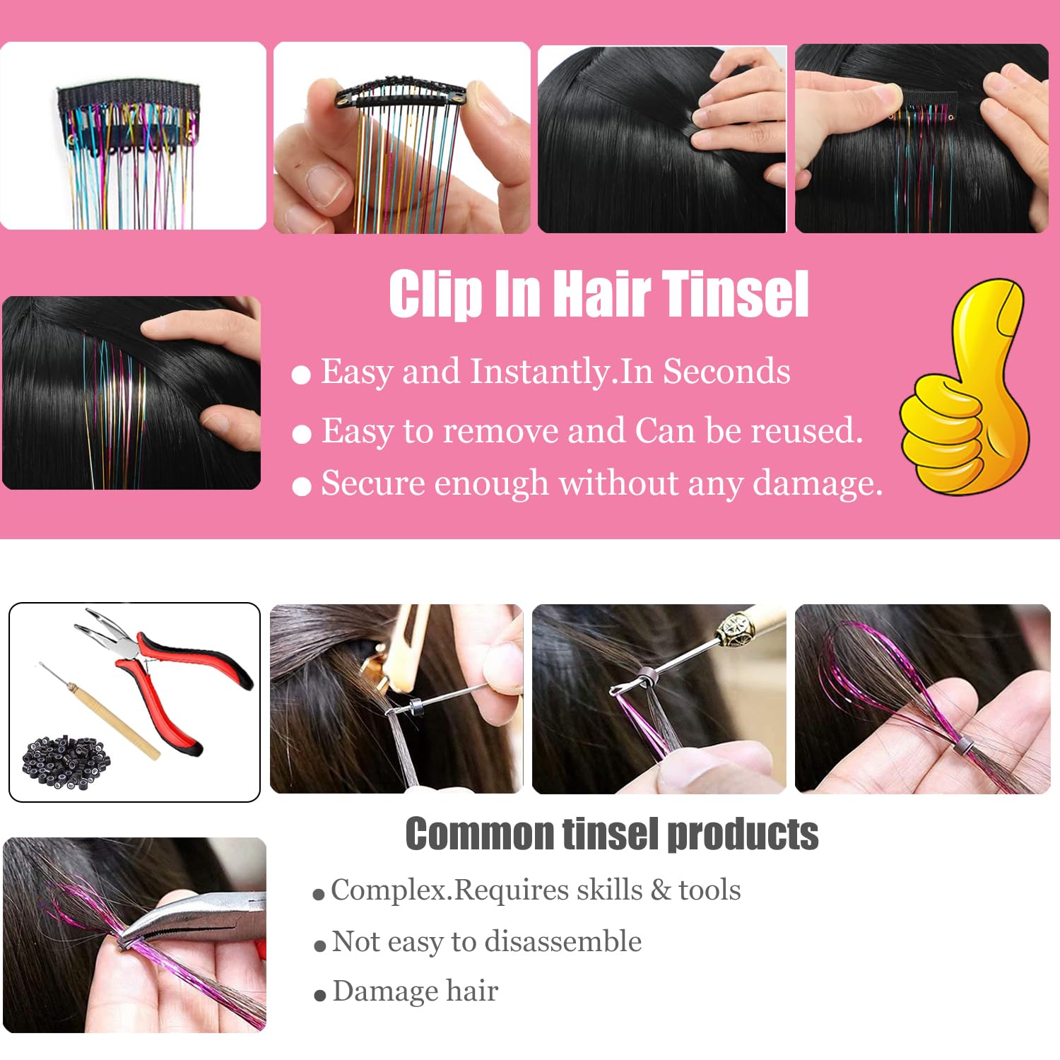 12Pcs Hair Tinsel Clip In 19.6Inch Glitter Tinsel Hair Extensions Clip In Hair Tinsel Kit Heat Resistant Shiny Sparkle Fairy Hai