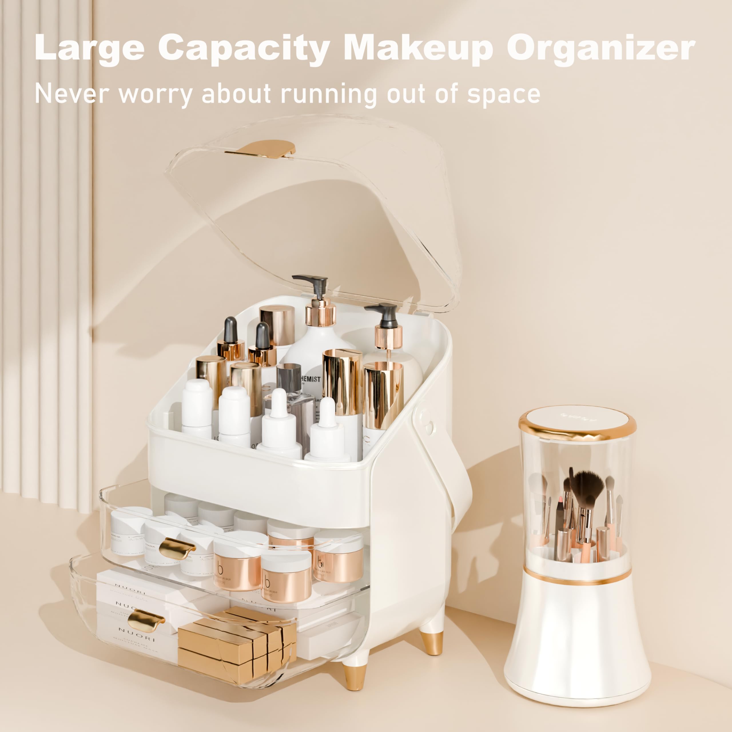 Makeup Organizer Countertop With Lid And Drawers Large Skin Care Cosmetic Display Case Holder for Vanity Desk Bathroom Storage B