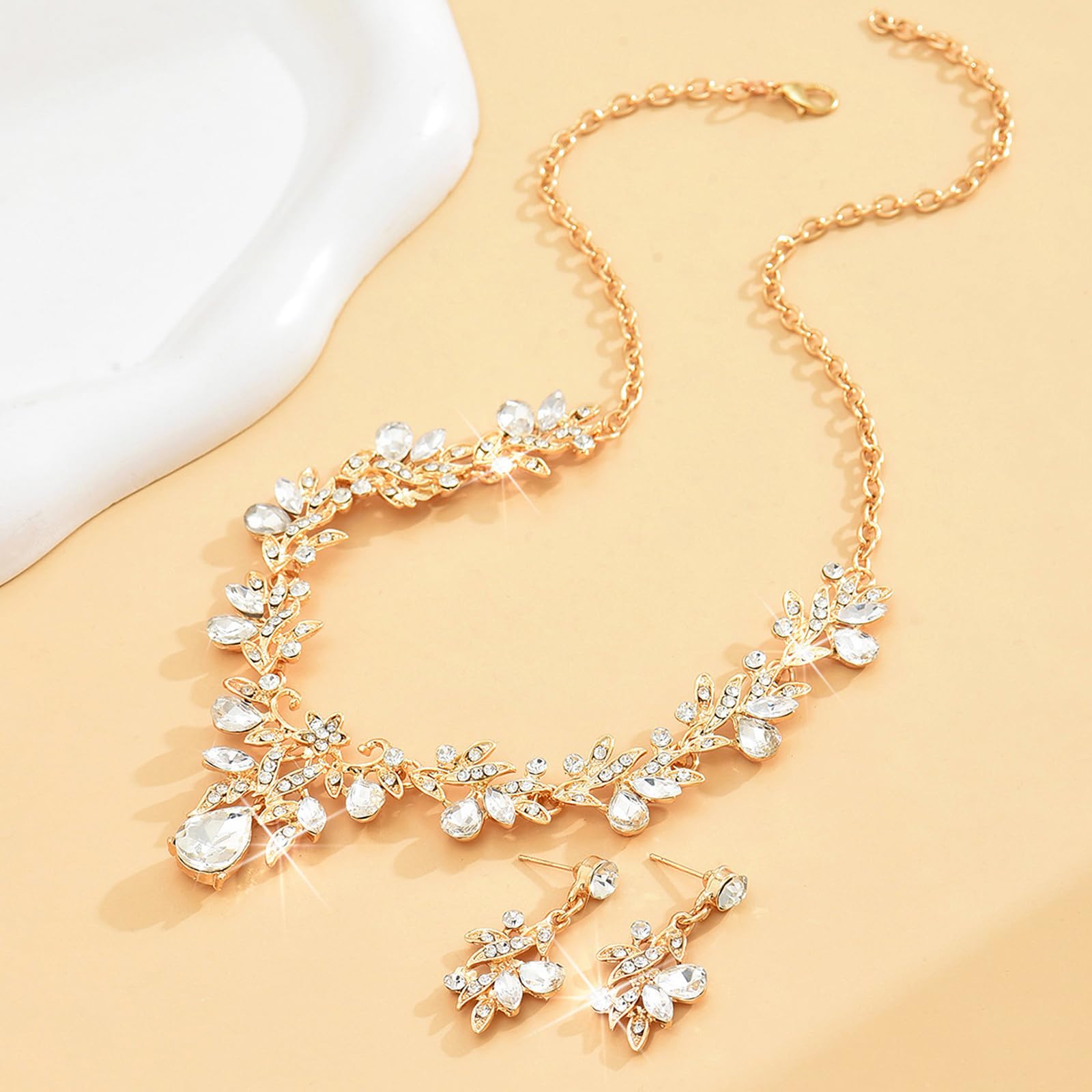 HUASAI Gold Wedding Jewelry Sets for Brides Rhinestone Necklace Earrings Bracelet Set Bridal Costume Jewelry for Women Formal We