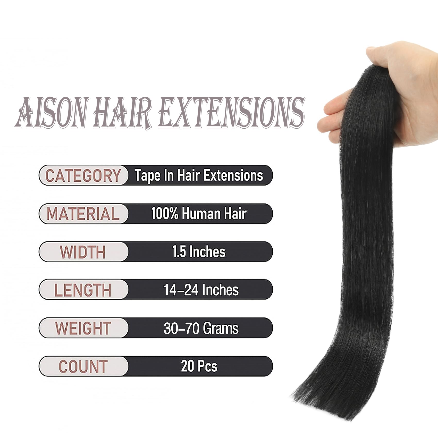 Tape In Hair Extensions 1 Jet Black 100% Remy Human Hair Extensions Silky Straight For Fashion Women 20 Pcs/Package(14Inch 1 30G