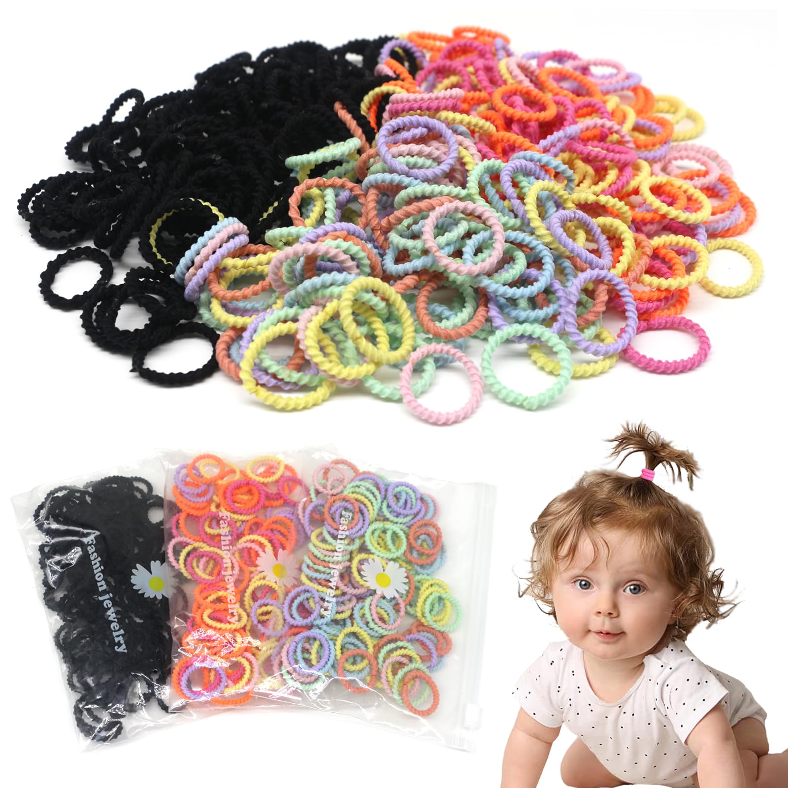 300Pcs Small Hair Ties for Baby Kids Girls Thin Hair, No Crease Toddler Soft Elastic Hair Ponytail Holders, Cute Cotton Thread S