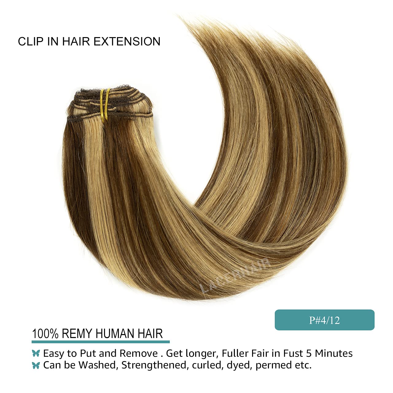 Lacerhair Real Human Hair Clip in Extensions 18 Inch Chocolate Brown Lowlight Light Golden Brown P#4/12 Salon Quality Remy Hair