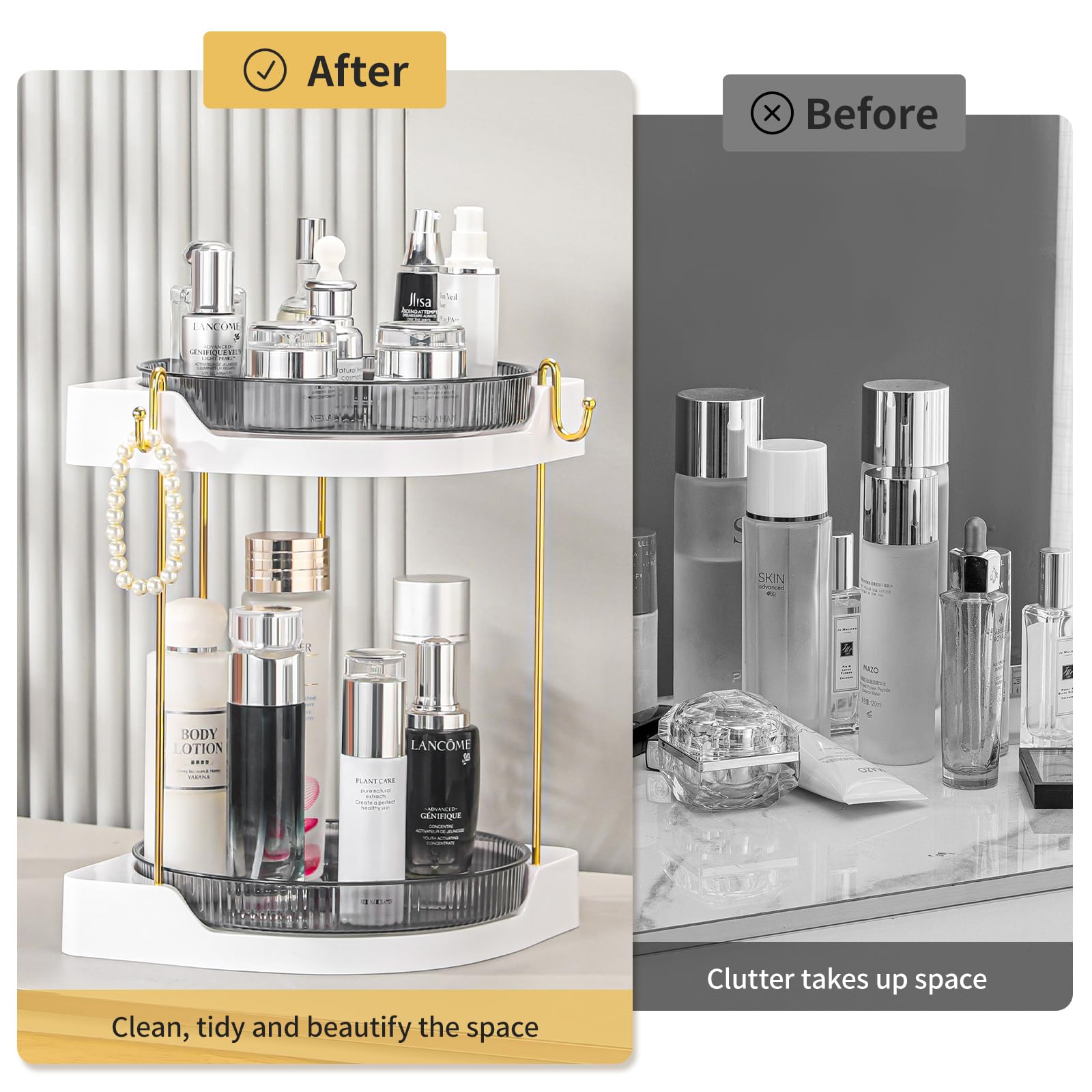 Corner Makeup Organizer, Luxury Rotating Counter Storage Tray,Skincare Organizers Countertop, High Capacity 2 Tiers Lazy Susan F