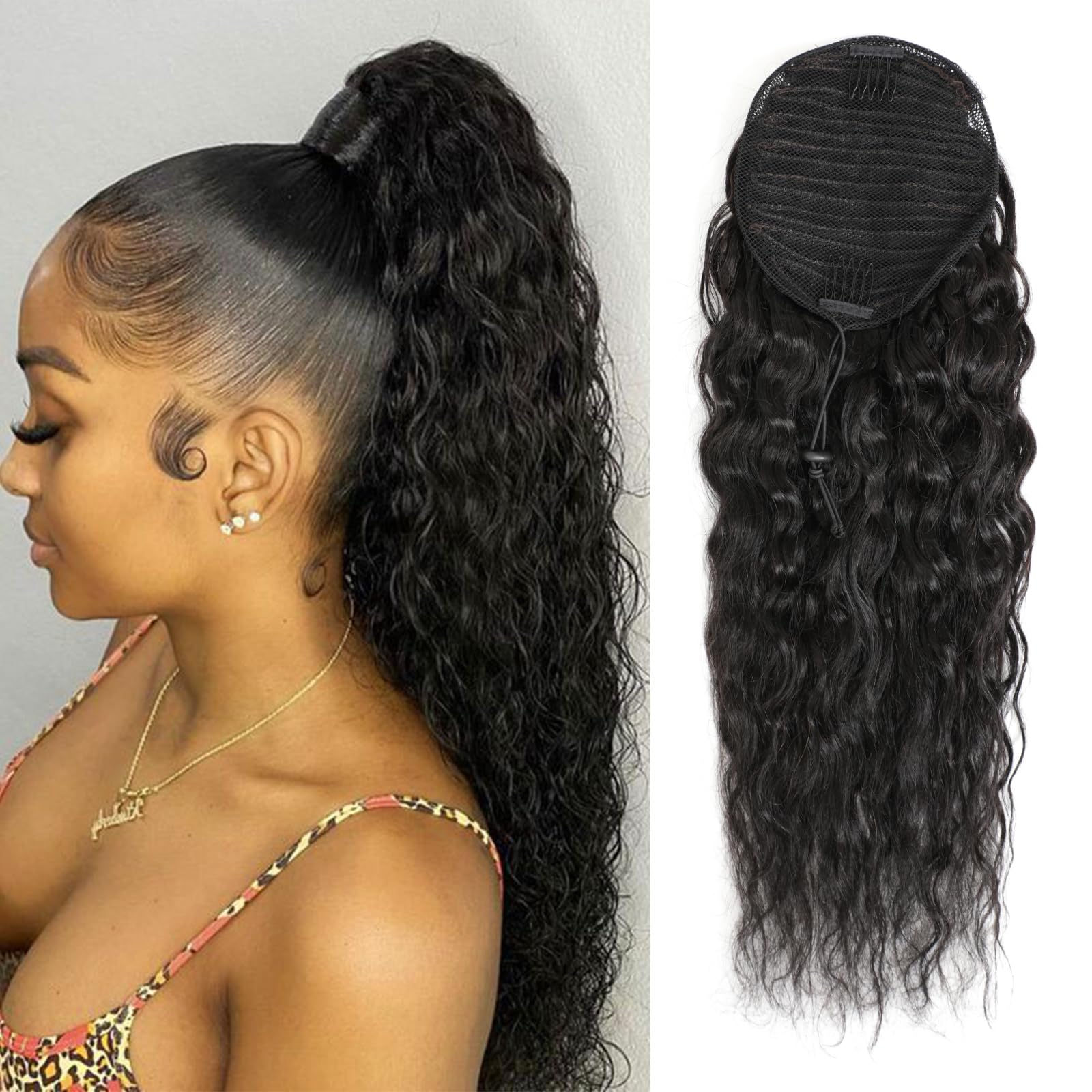 100% Human Hair Drawstring Ponytail Extension Water Wave In Natural Color 1B Corn Wave Ponytail Clip In Extensions For Black Wom
