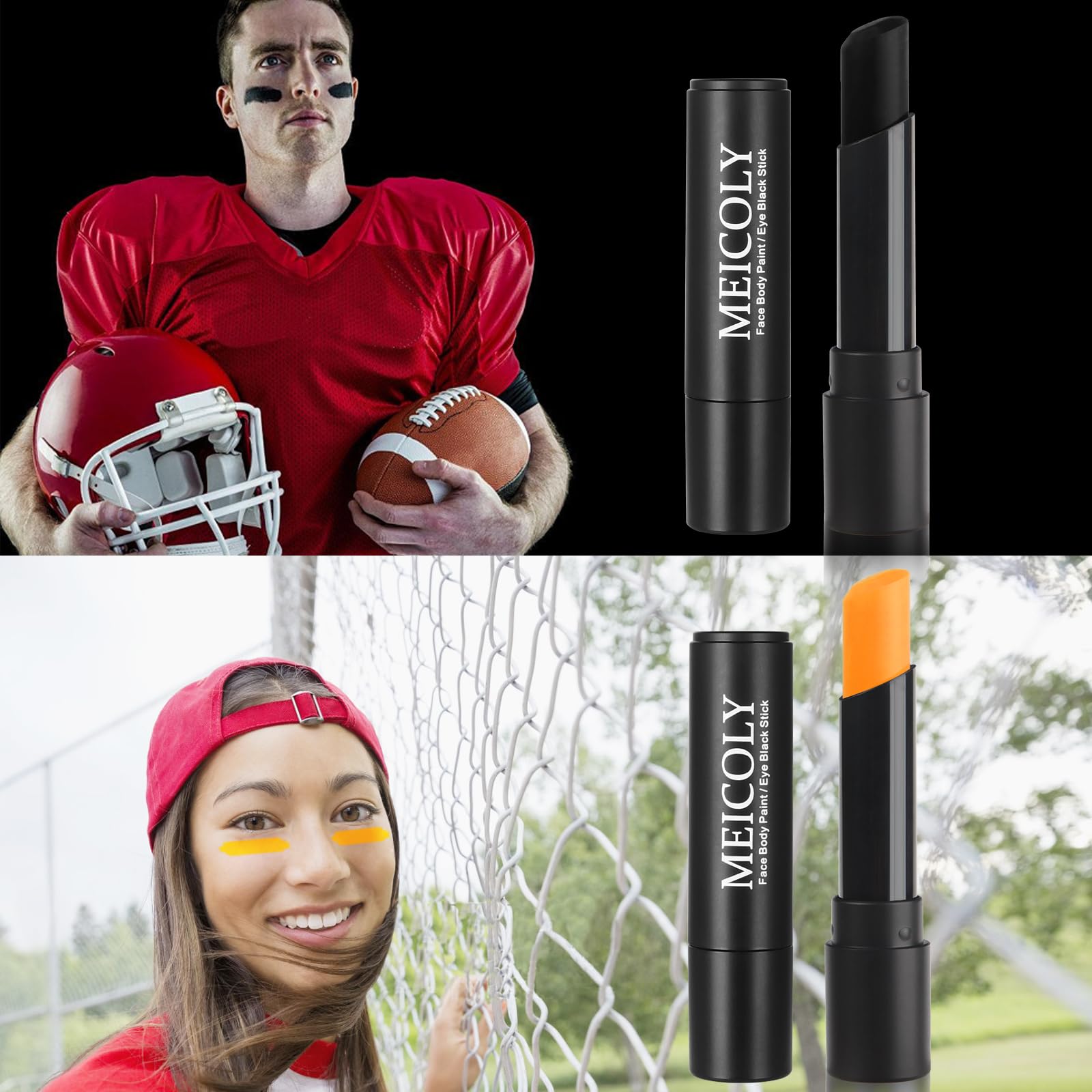 Meicoly Orange And Black Eye Black Stick,Waterproof Eye Black Baseball/Softball/Football/Lacrosse,Black Face Body Paint For Hall