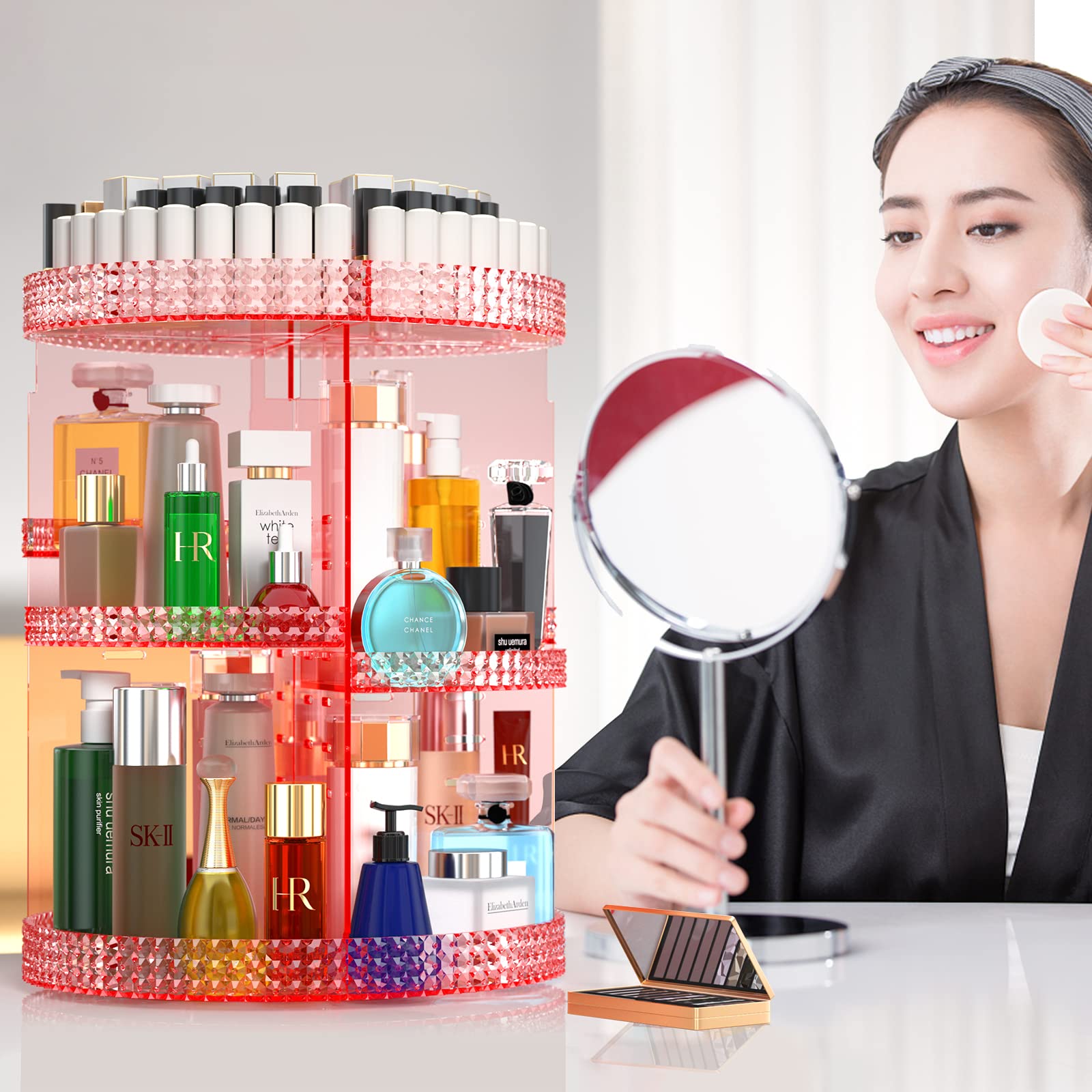 Pink 360 Makeup Organizer Carousel, Makeup Organizer For Vanity, Acrylic Make Up Organizer, Large 7 Layers 360 Makeup Organizer,