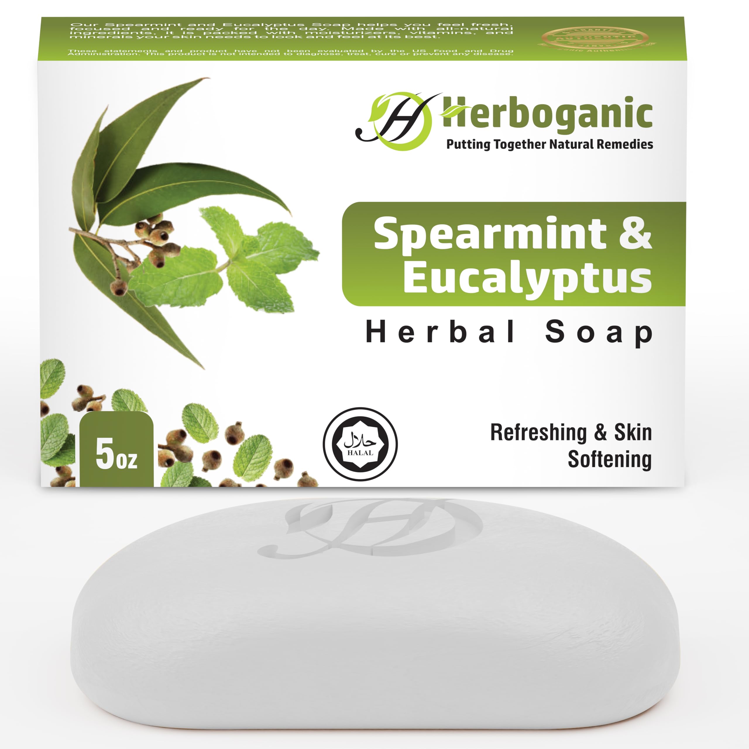 HERBOGANIC Spearmint and Eucalyptus Herbal Bar Soap | Invigorating Herbal Soap Refreshes and Revitalizes | For Energized, Rejuve