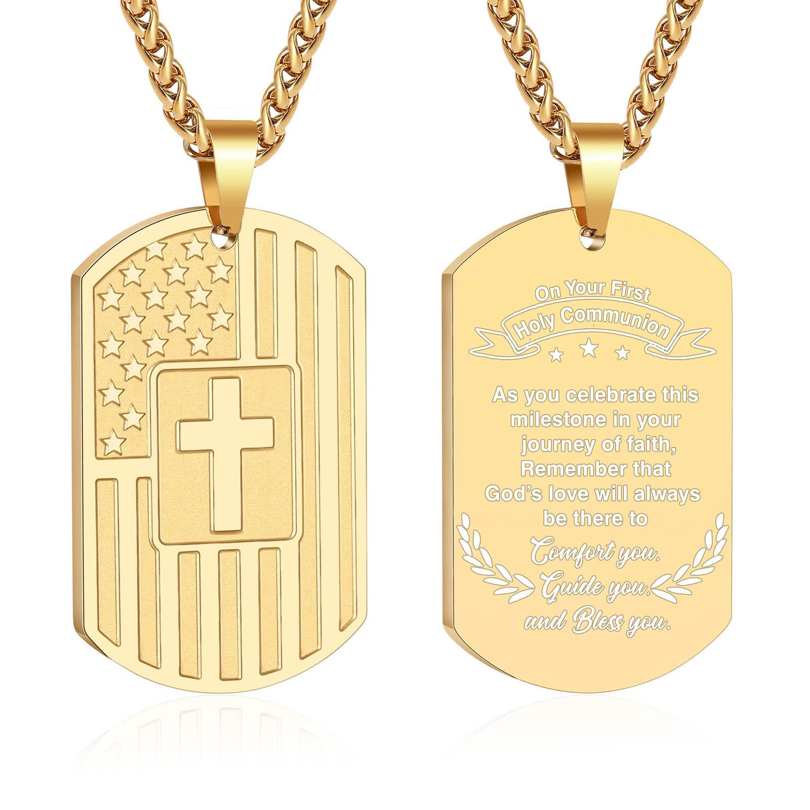 Zocomi Holy First Communion Gifts for Teen Boys Dog Tag Cross Necklace America Flag Pendant Chain Religious Christian 1st Commun