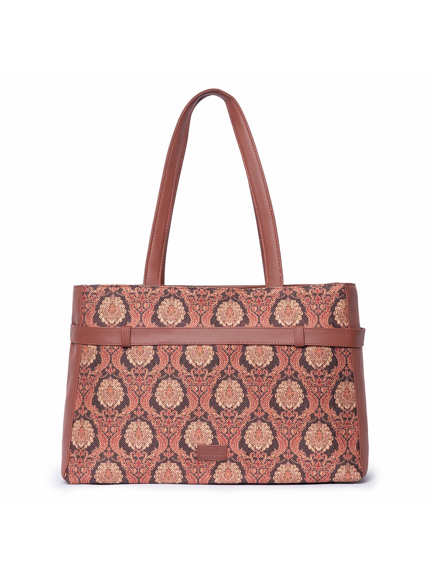 Zouk Jodhpur Damask Motif Printed WomenS Jute Handcrafted Vegan Leather Brown Statement Office Shoulder Bag