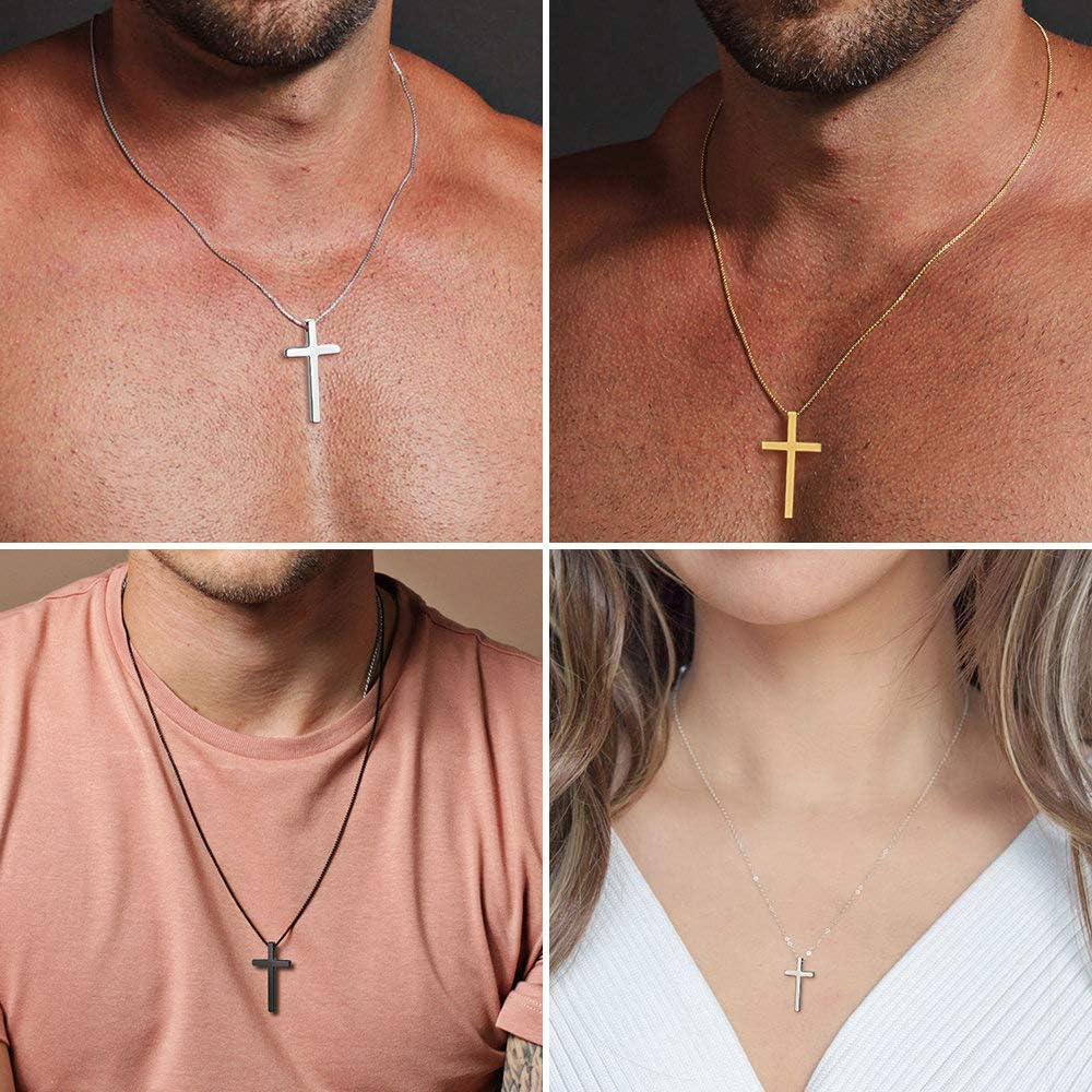 M MOOHAM Stainless Steel Cross Pendant Necklaces for Men Pendant Chain 24 Inch Silver, Fathers Day Christian Religious Baptism G