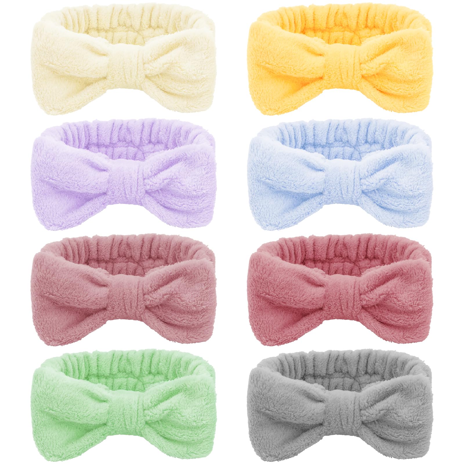 Ondder 8 Pack Fluffy Bowknot Facial Hairbands For Washing Face, Makeup, Skincare - Multipurpose Spa Headbands For Women Girls -
