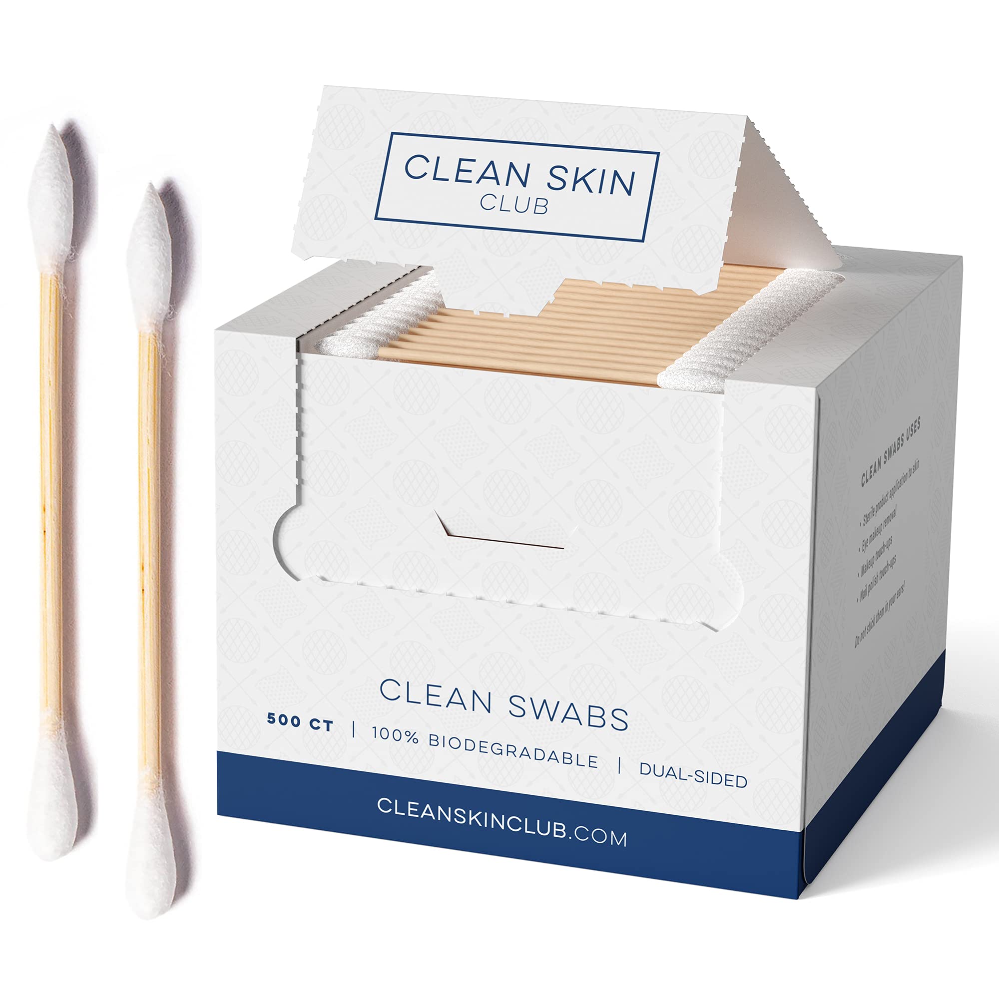 clean Skin club clean Swabs, 2 Pack, 1000 Total count, One Pointed Tip, Biodegradable  Organic cotton  Bamboo, Makeup  Nail Poli