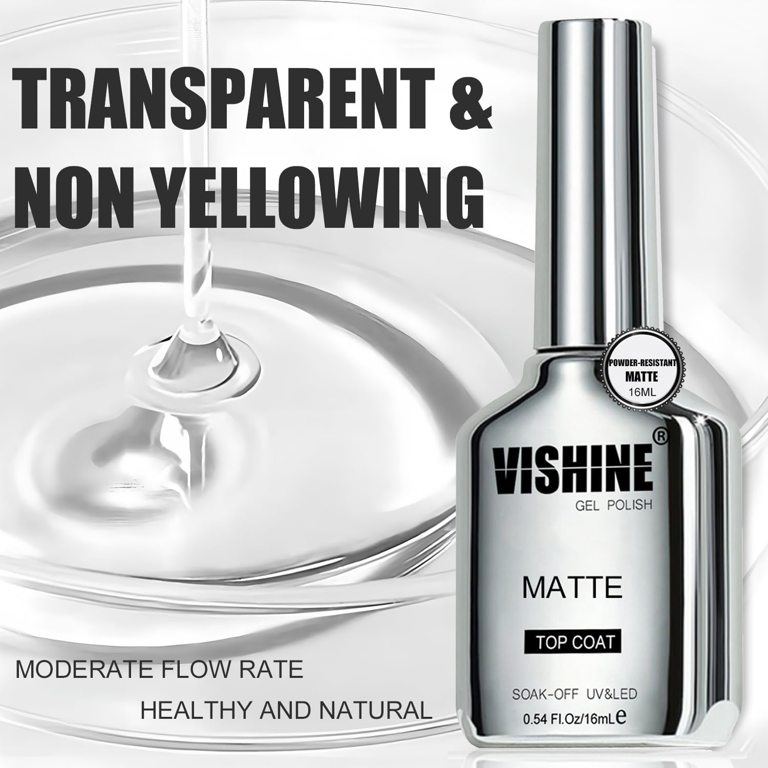 Vishine Matte Gel Top Coat, 16ml Powder-Resistant No Wipe for Chrome Powder Painting Art Matte Finish Long-Lasting UV Gel Nail P