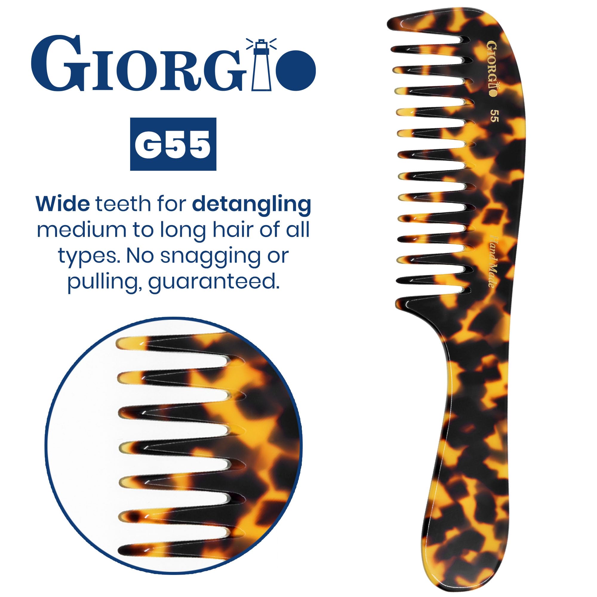 Giorgio G55 Wide Tooth Comb For Wet Hair, Hair Comb For Thin To Medium Hair Handmade Detangler Hair Comb, Hair Combs For Women A