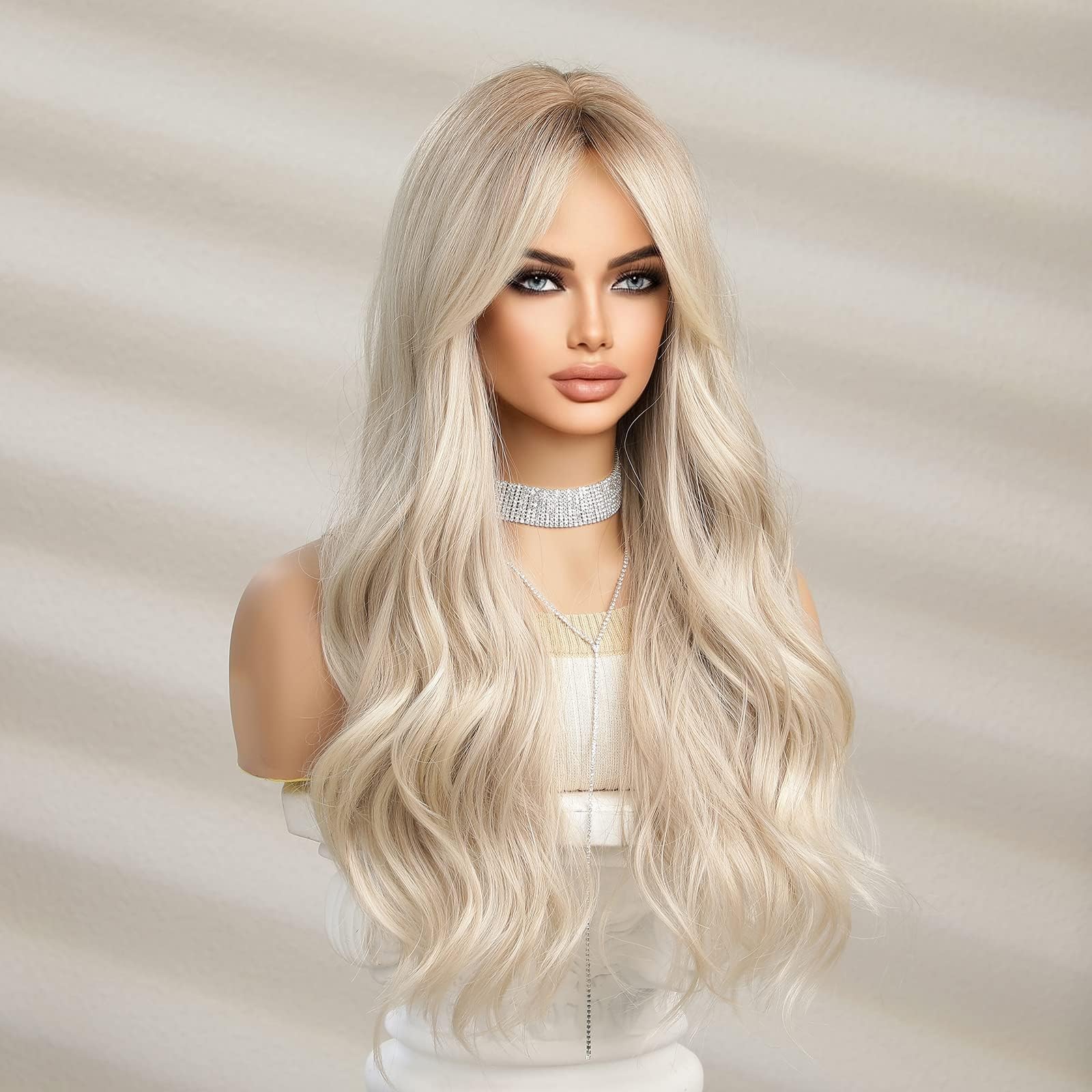 Jooler Blonde Wig With Bangs Platinum Blonde Wigs For Women Long Blonde Wig For Women Ombre Blonde Wigs With Dark Roots Natural