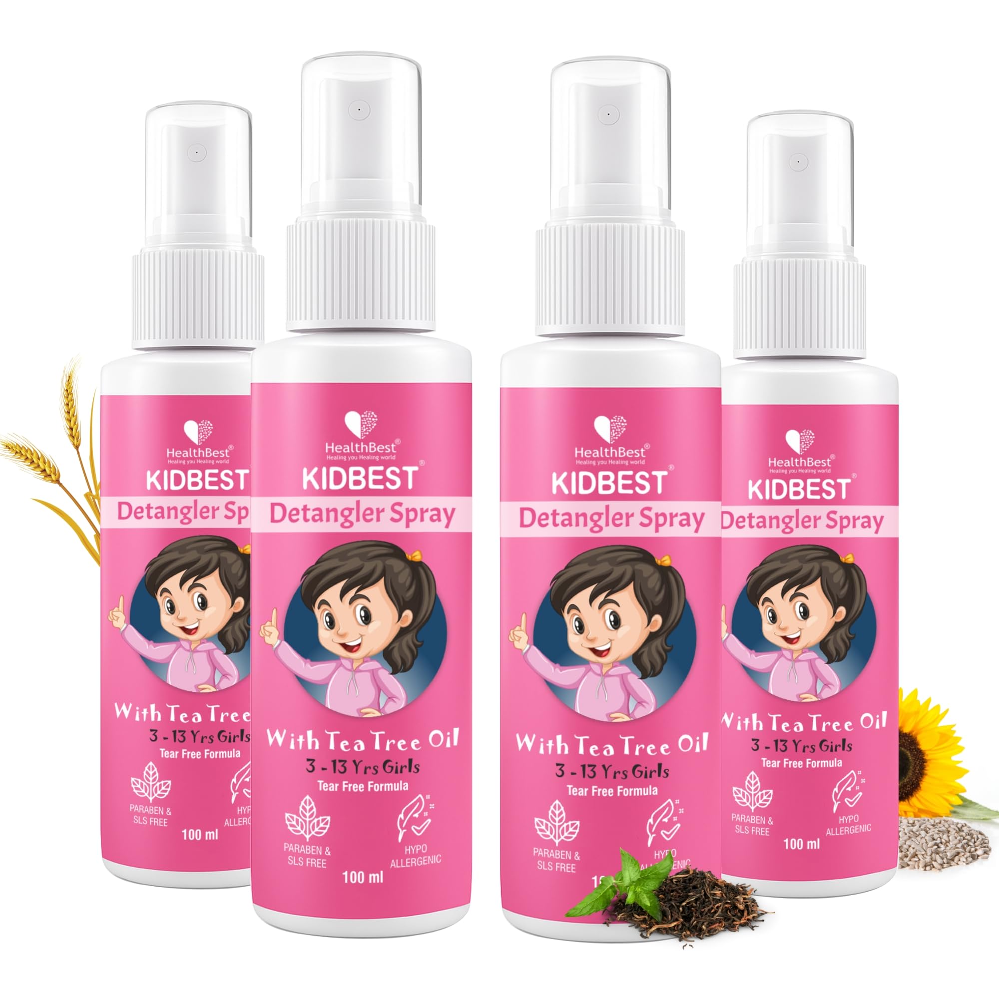 Healthbest Detangler Spray For Kids With Tea Tree Oil 100Ml (Pack Of 4) | Soft & Shiny Hair | Easy Comb Through, Tangle-Free Hai