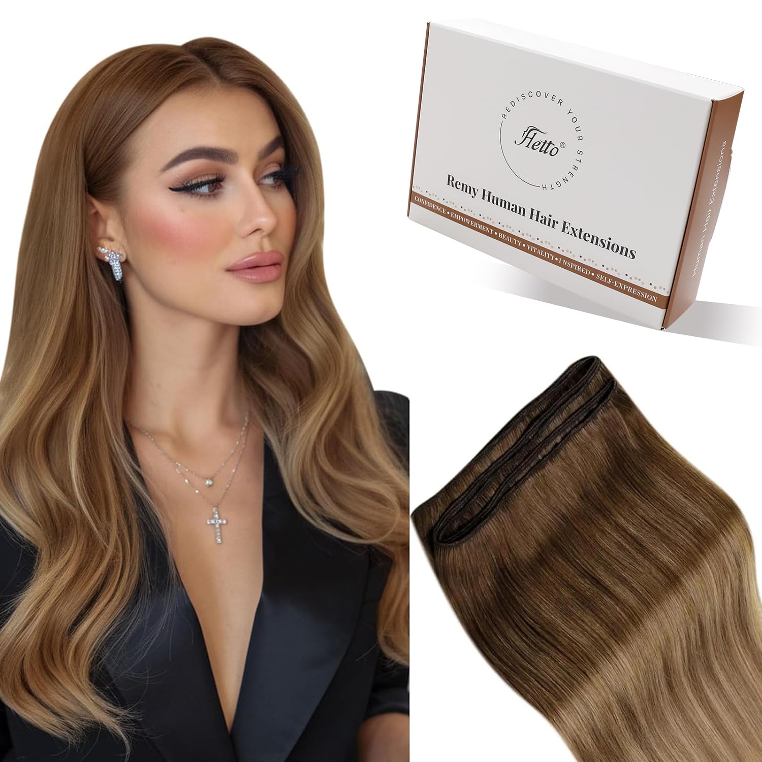 Hetto Weft Hair Extensions Human Hair Brown Sew in Hair Extensions Real Human Hair Medium Brown to Light Brown Mix Golden Blonde
