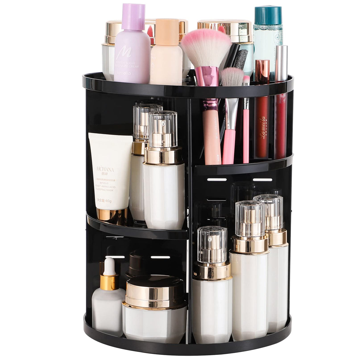 Cq Acrylic 360 Degree Rotating Makeup Organizer Countertop For Vanit,Adjustable Make Up Holder Height,Black Plastic Spinning Ski