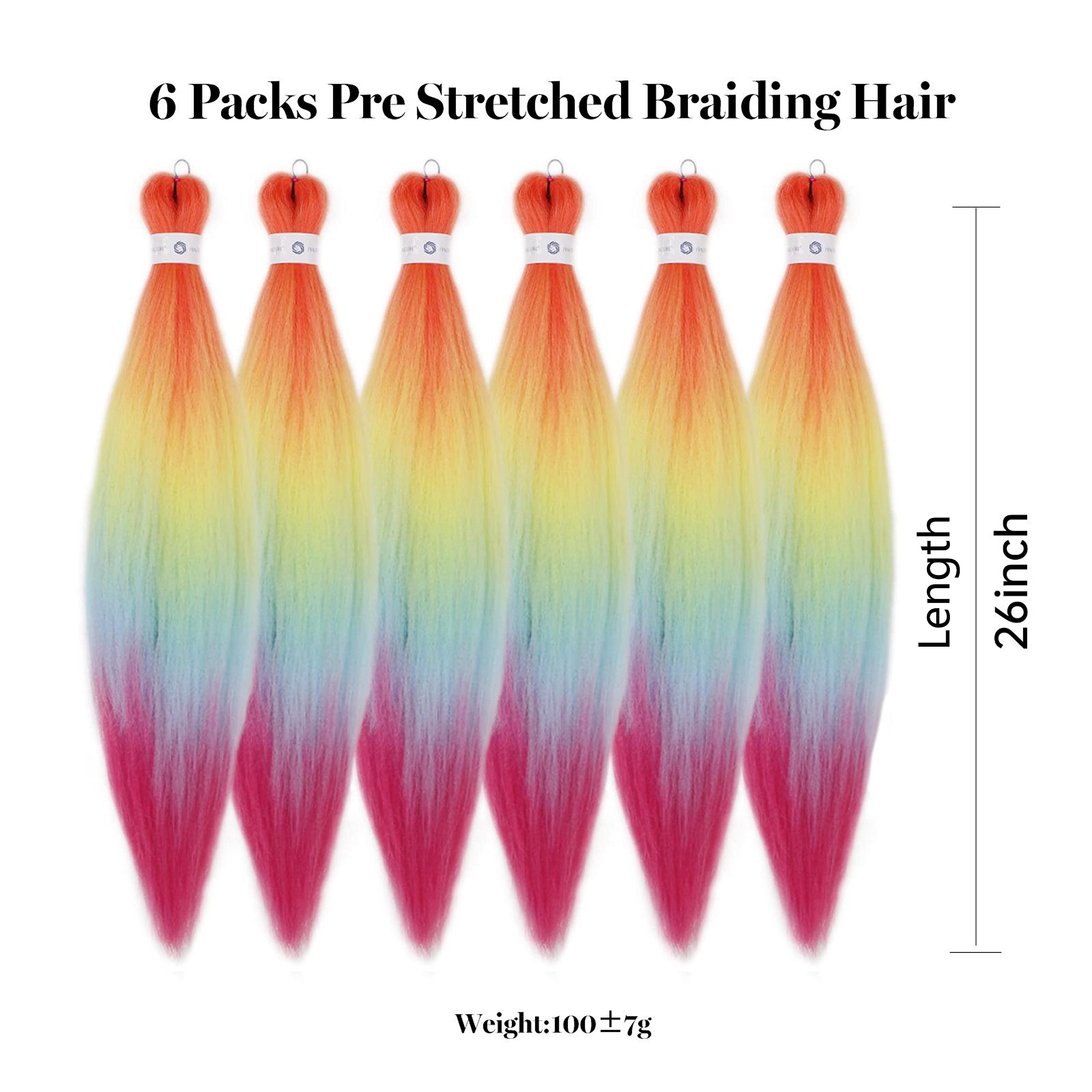 Pre-Stretched Braiding Hair Ombre Rainbow Braiding Hair Extensions 26 Inch 6 Packs Hot Water Setting Professional Soft Yaki Synt