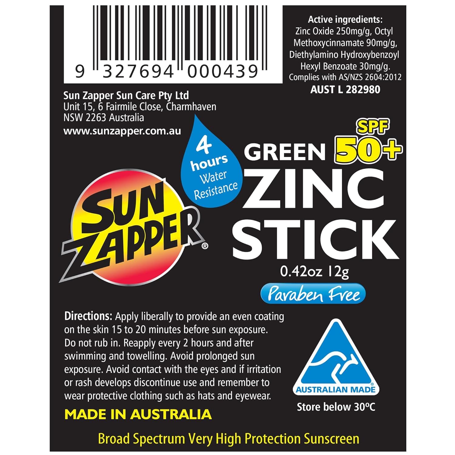 Sun Zapper Zinc Oxide Sunscreen Stick Mineral Green Spf 50+ Water Resistant For Face & Body, Adults, Kids (0.42 Oz, 12G) Broad S