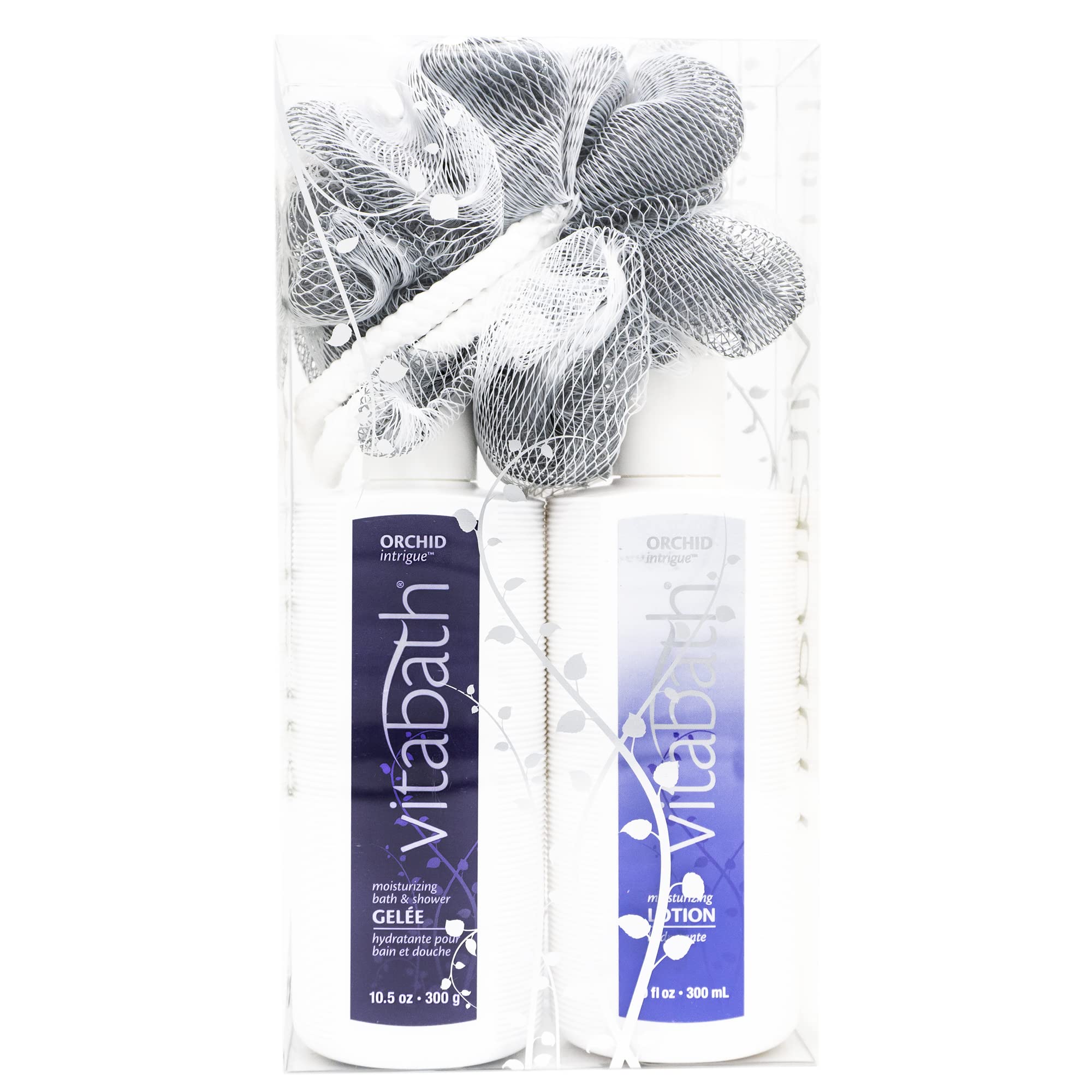 Vitabath Orchid Intrigue Everyday Skincare Set Moisturizing Shower Gel Wash, Reviving Lotion & Exfoliating Body Scrubber Pouf -