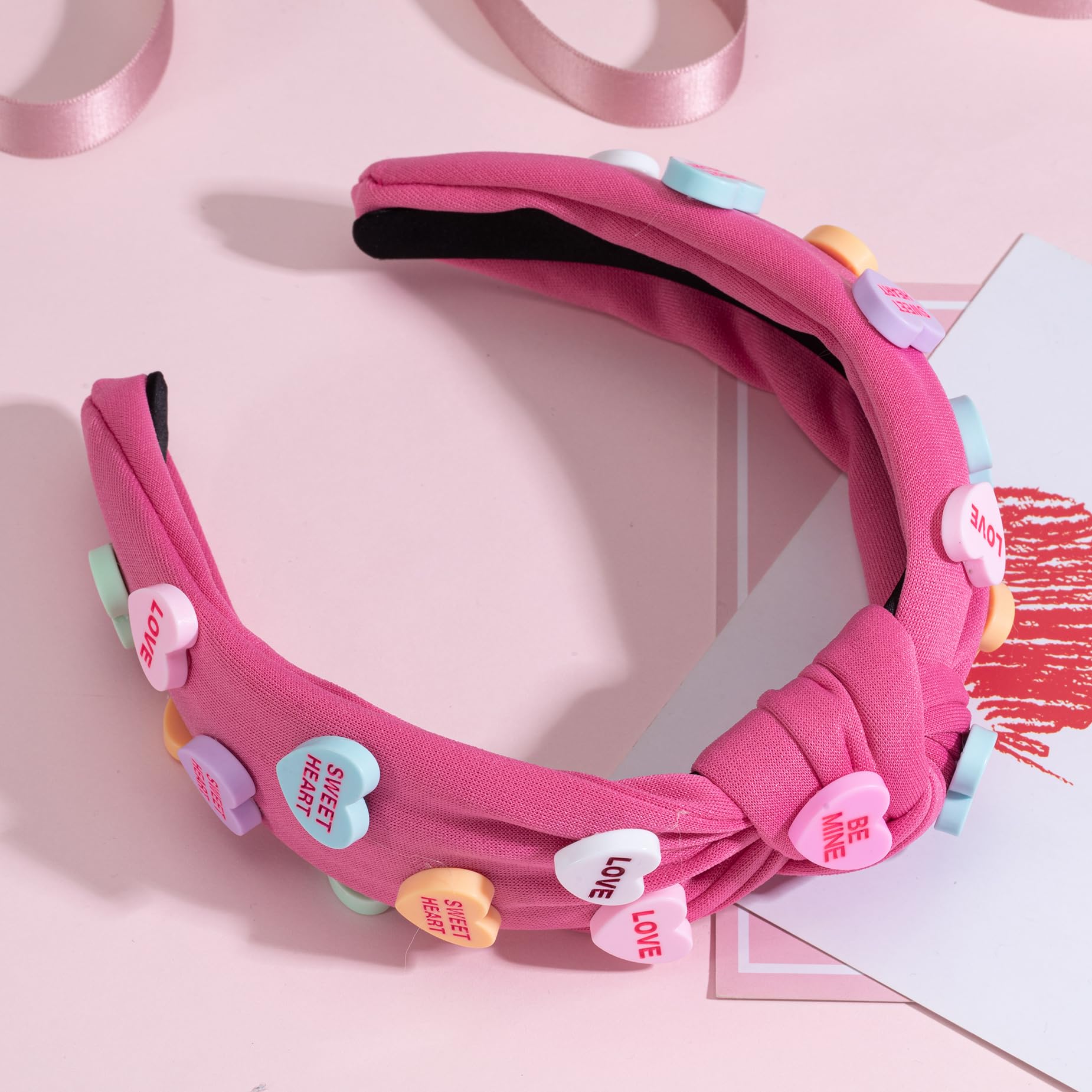 Valentine'S Day Heart Candy Embellished Headband Love Heart Charm Knotted Hot Pink Headband Non Slip Wide Top Knot Fashion Hairb
