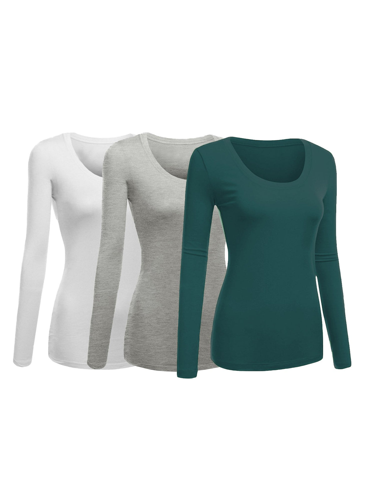 Emmalise Womens Junior and Plus Size Basic Scoop Neck Tshirt Long Sleeve Tee, 1xl, 3Pk White, Hgray, green Teal