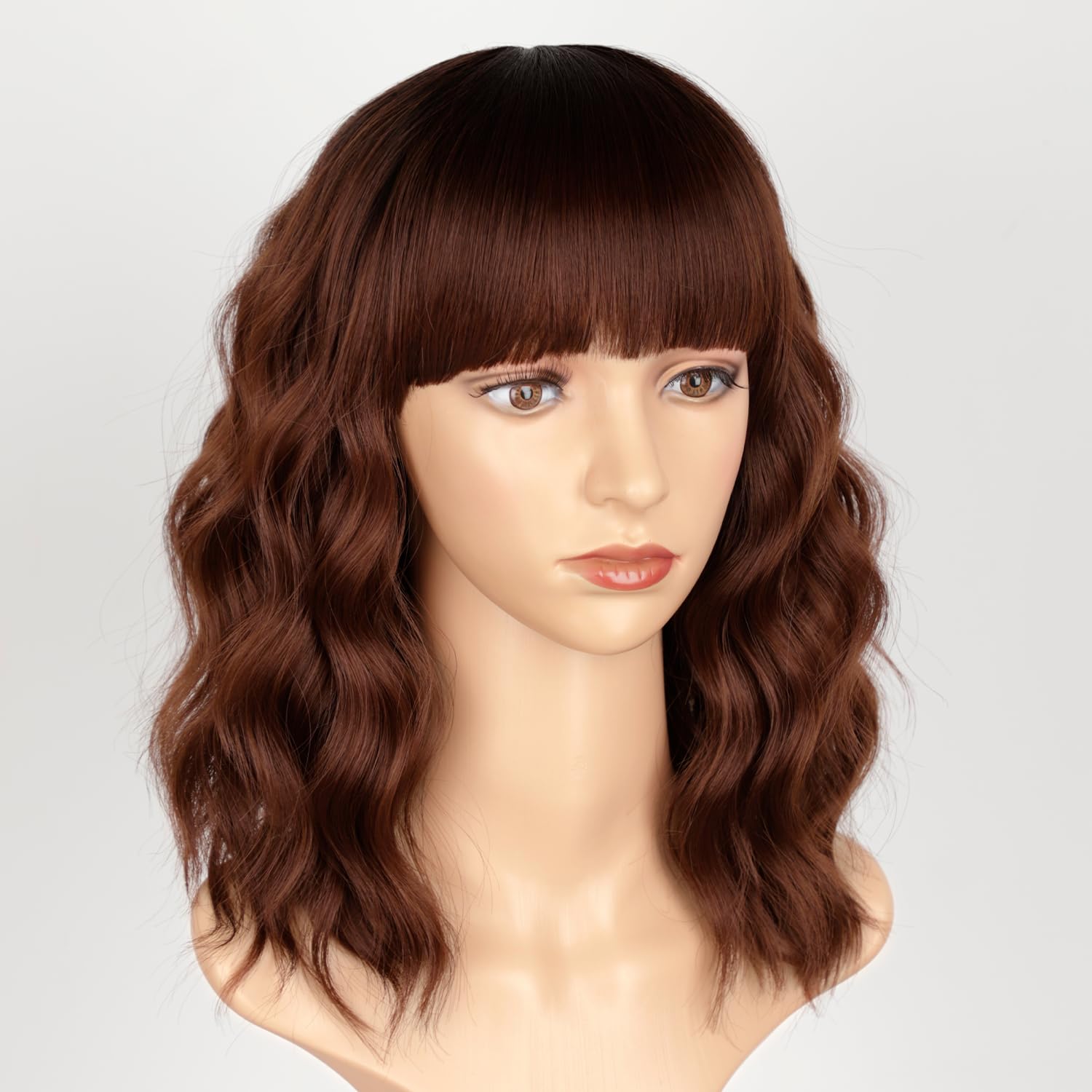 Aisi Hair Synthetic Wavy Curly Bob Wig With Bangs Ombre Reddish Brown Wig Short Bob Wavy Hair Wigs For Women Synthetic Heat Resi