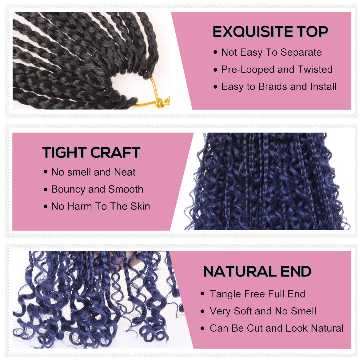 COOKOO 8 Packs 24 Inch Boho Box Braids Crochet Hair With Curly Ends Bohemian Hippie Goddess Box Braids Pre-looped Synthetic Brai