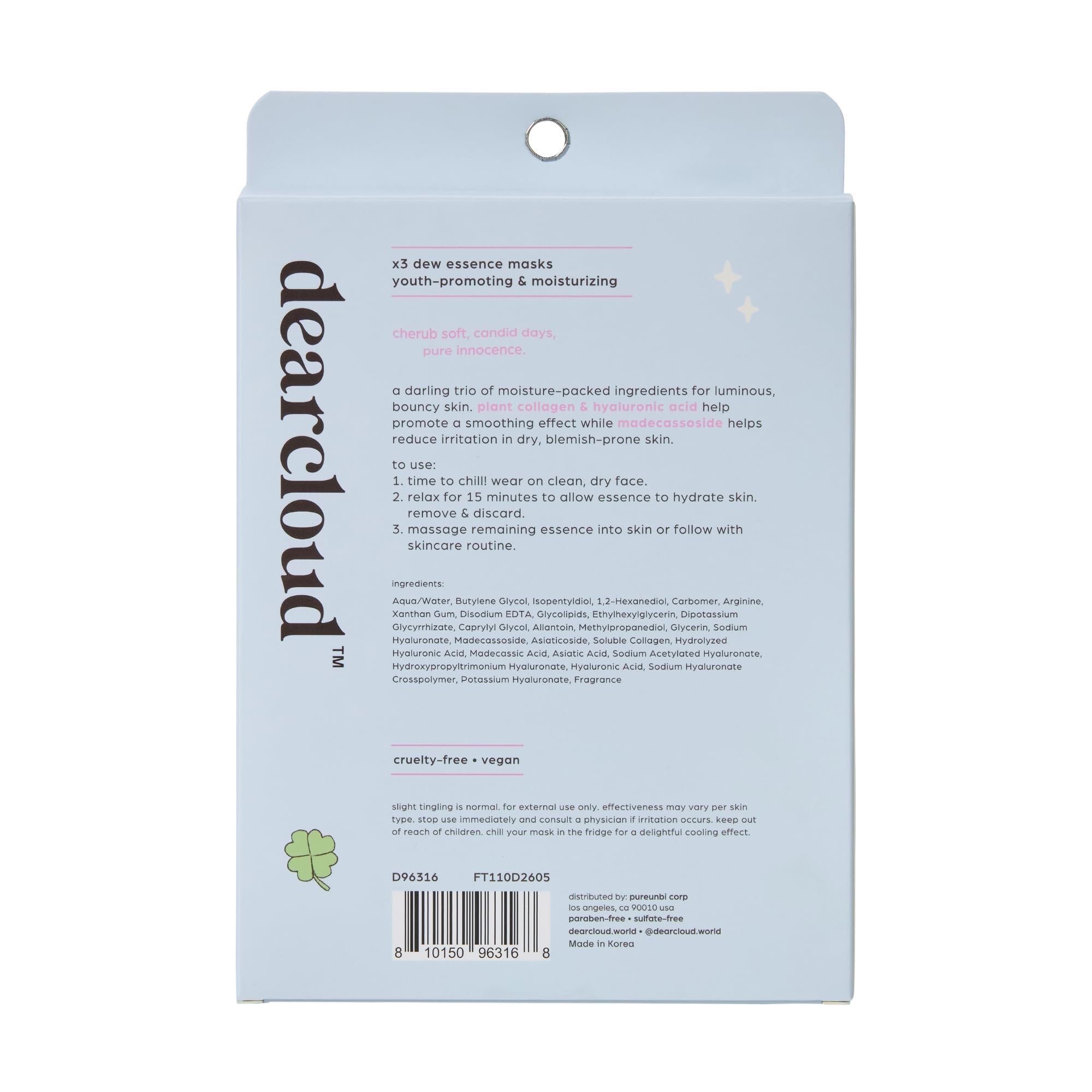 dearcloud Beary Cherub Deep-Moisturizing Dew Essence Face Mask, Korean Sheet Mask - Vegan Collagen, Hyaluronic Acid & Madecassos