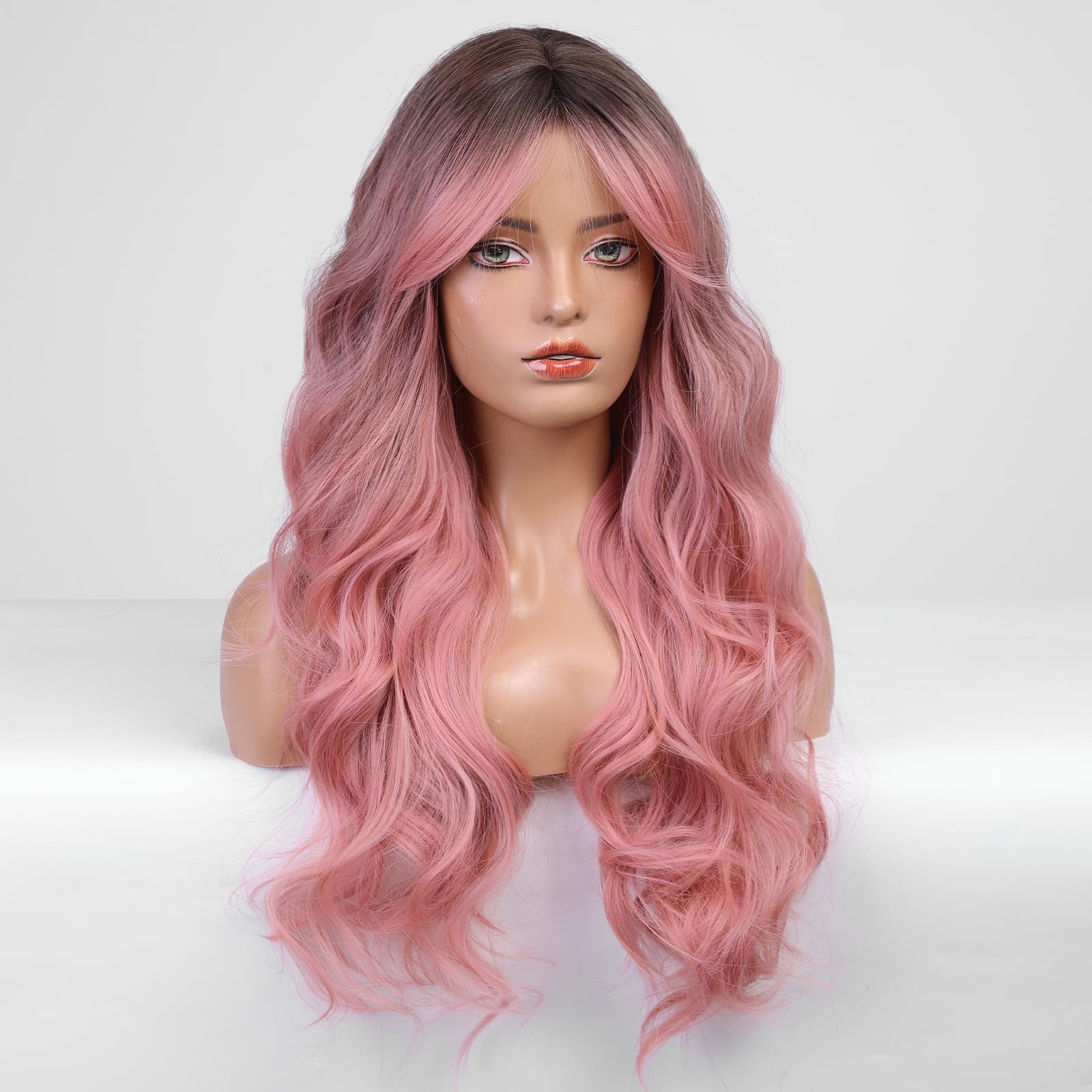 Haircube Long Pink Wavy Wig For Women Ombre Pink Wig Dark Root 26 Inch With Bangs Curly Wavy Wig Natural Looking Synthetic Heat