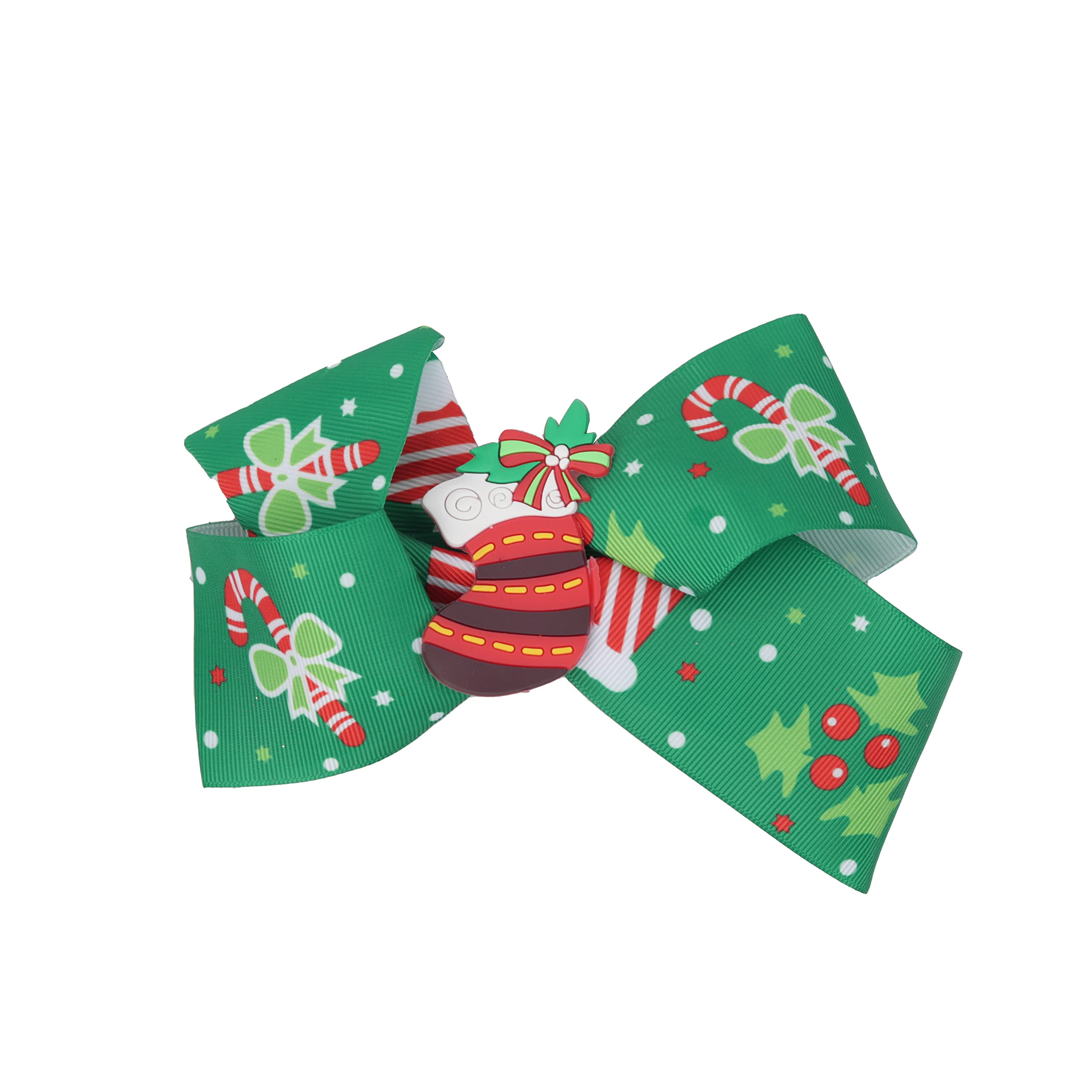 Hair Bow Printed Christmas Bow with Silicone Charm - Green Stocking