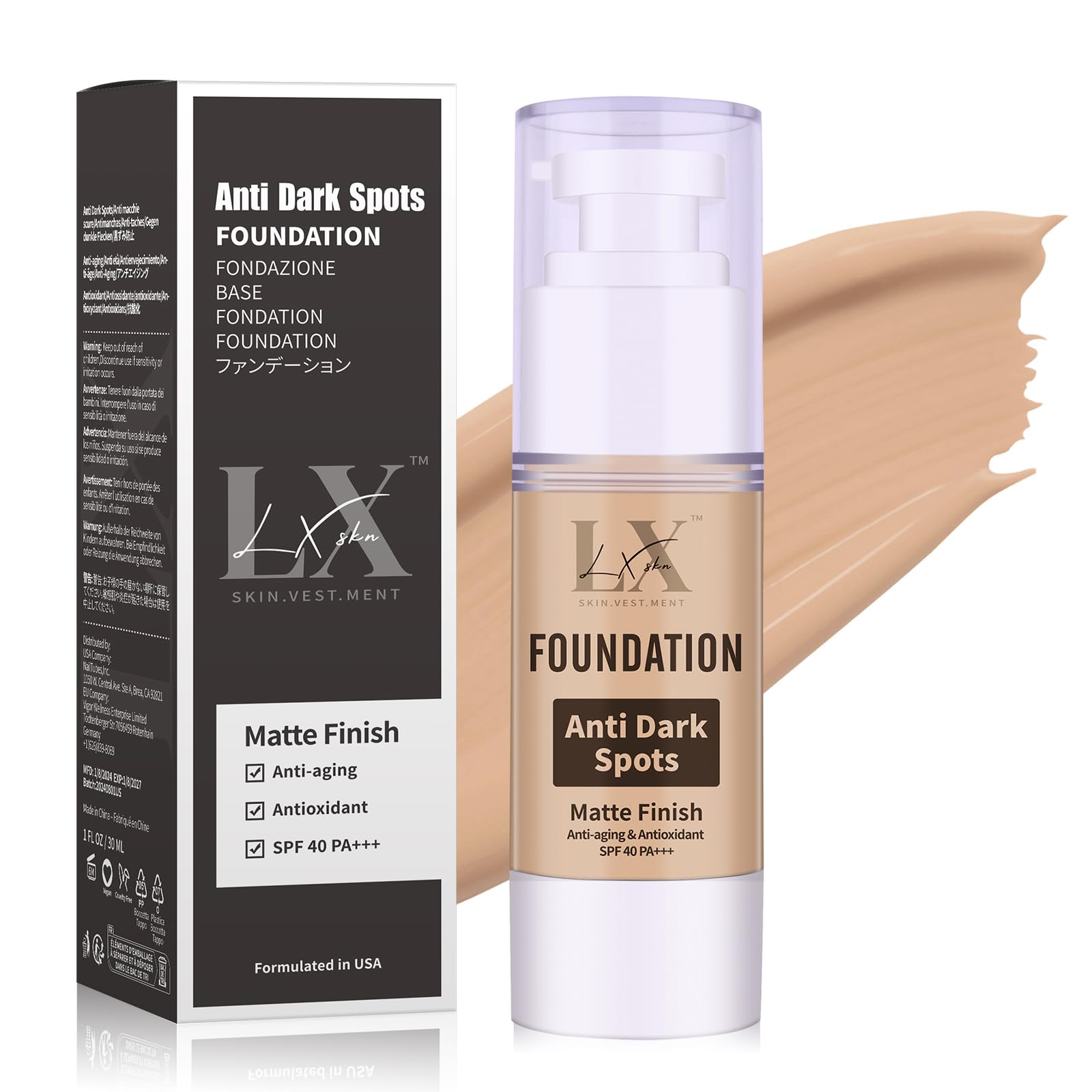 LXSKN AntiDark Spot Liquid Foundation  Collagen Serum Foundation Infused with 2% Niacinamide, High Coverage For A Smooth & Sat