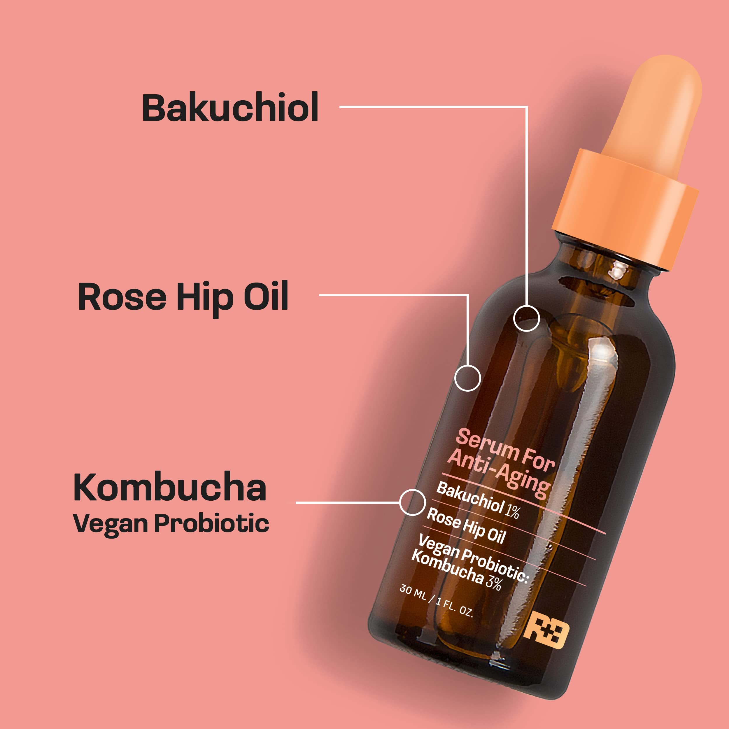 Real Basic Serum for Anti-Aging with Bakuchiol, Rose Hip Oil and Vegan Probiotic Kombucha 1 oz. - Backuchiol Anti Aging Serum &
