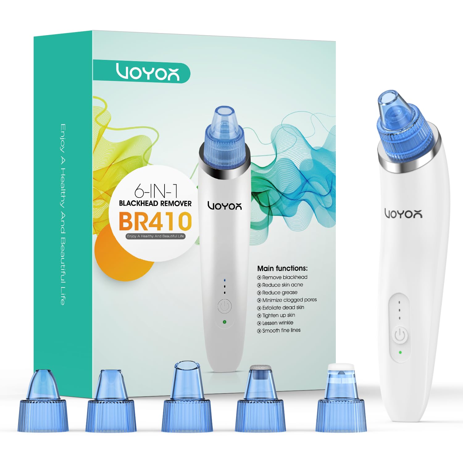 VOYOR Blackhead Remover Pore Vacuum - Electric Face Vacuum Pore cleaner Acne White Heads Removal with 6 Suction Heads BR410