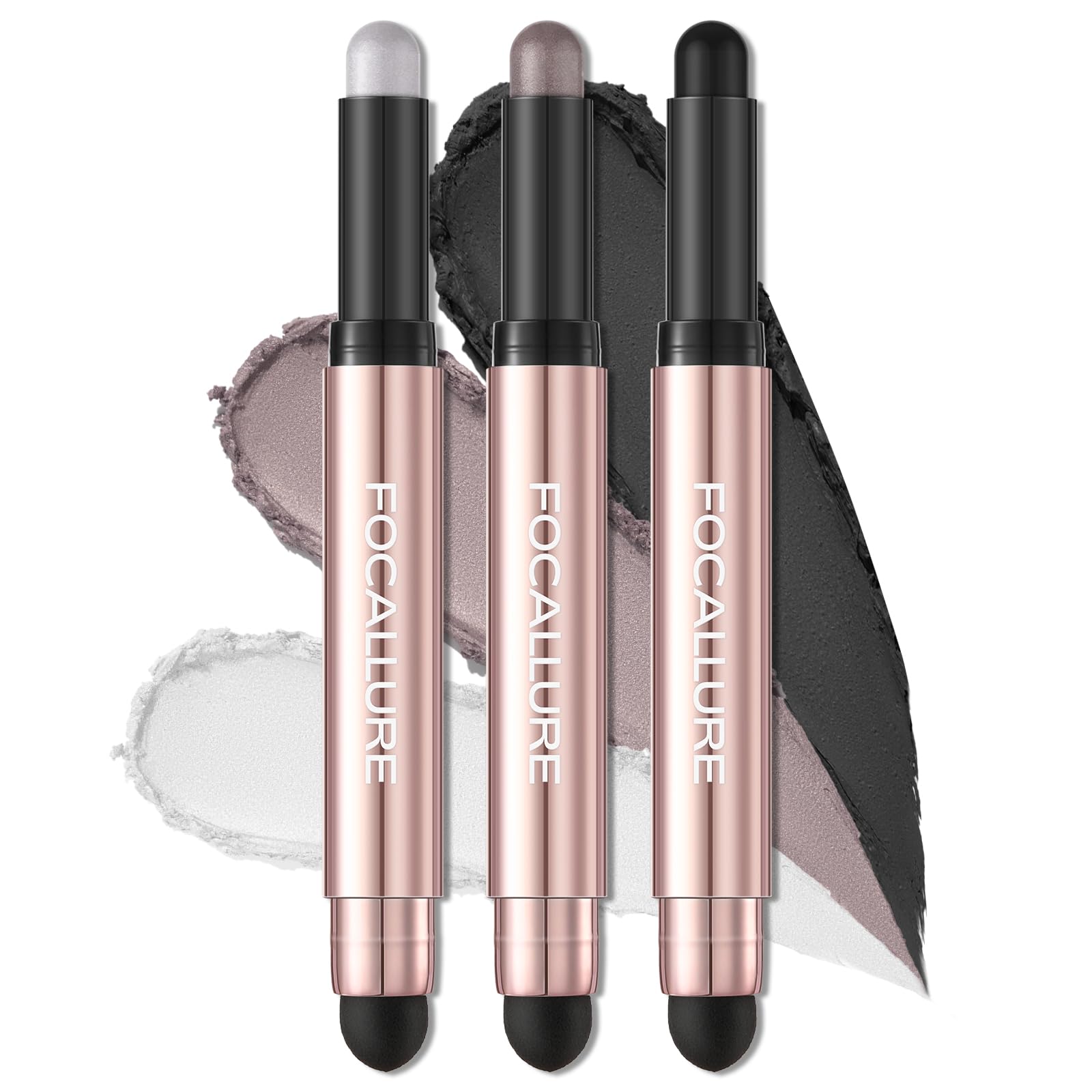 FOCALLURE 3 Pcs No Crease Eyeshadow Sticks,Shimmer & Matte Eye Shadow Crayon with Blending Brush,Smooth Cream Highlighter Pen,Lo