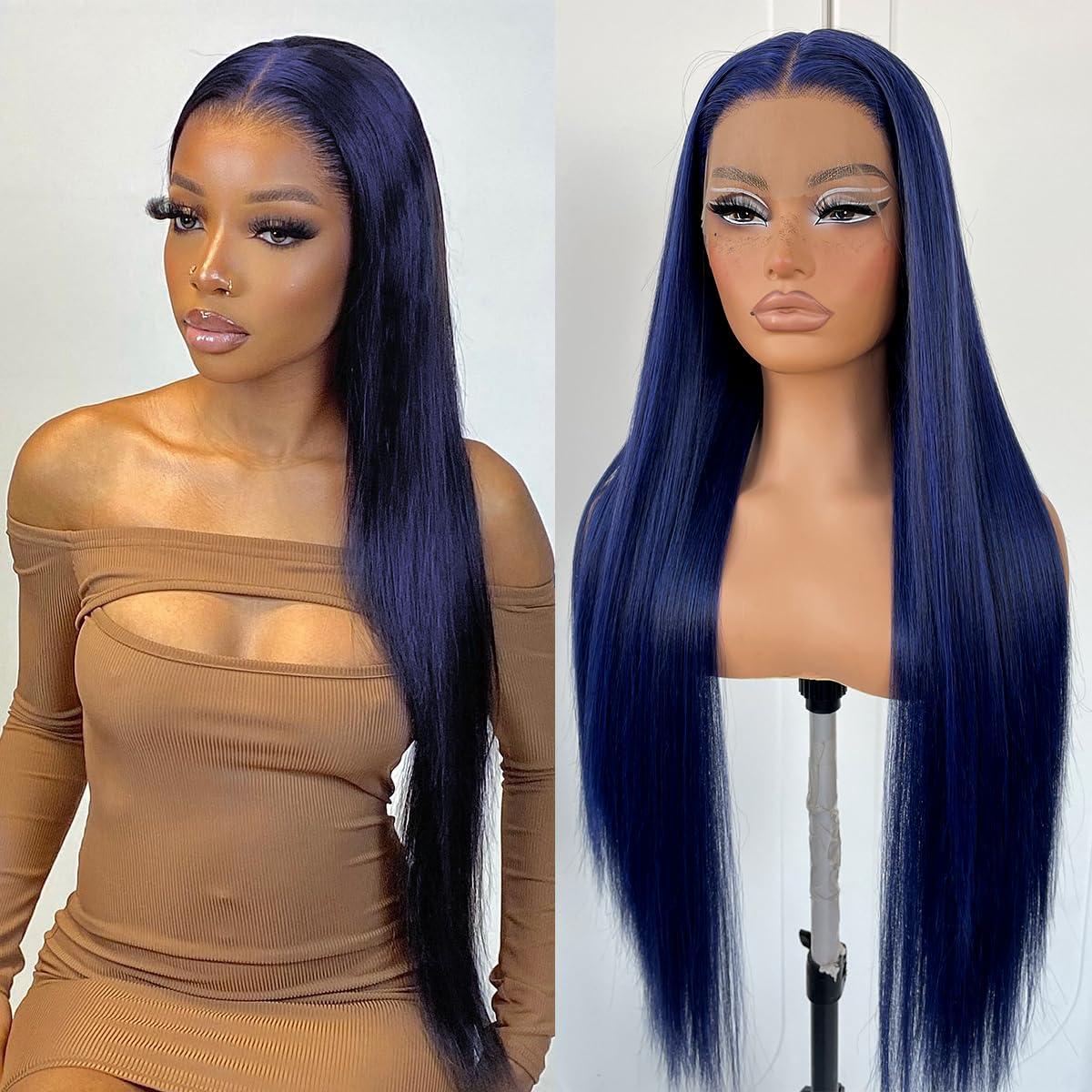 Mitimes Blue Straight Hd Lace Front Wig Pre-Plucked Glueless Synthetic Dark Blue Lace Front Wig For Fashion Women Transparent La