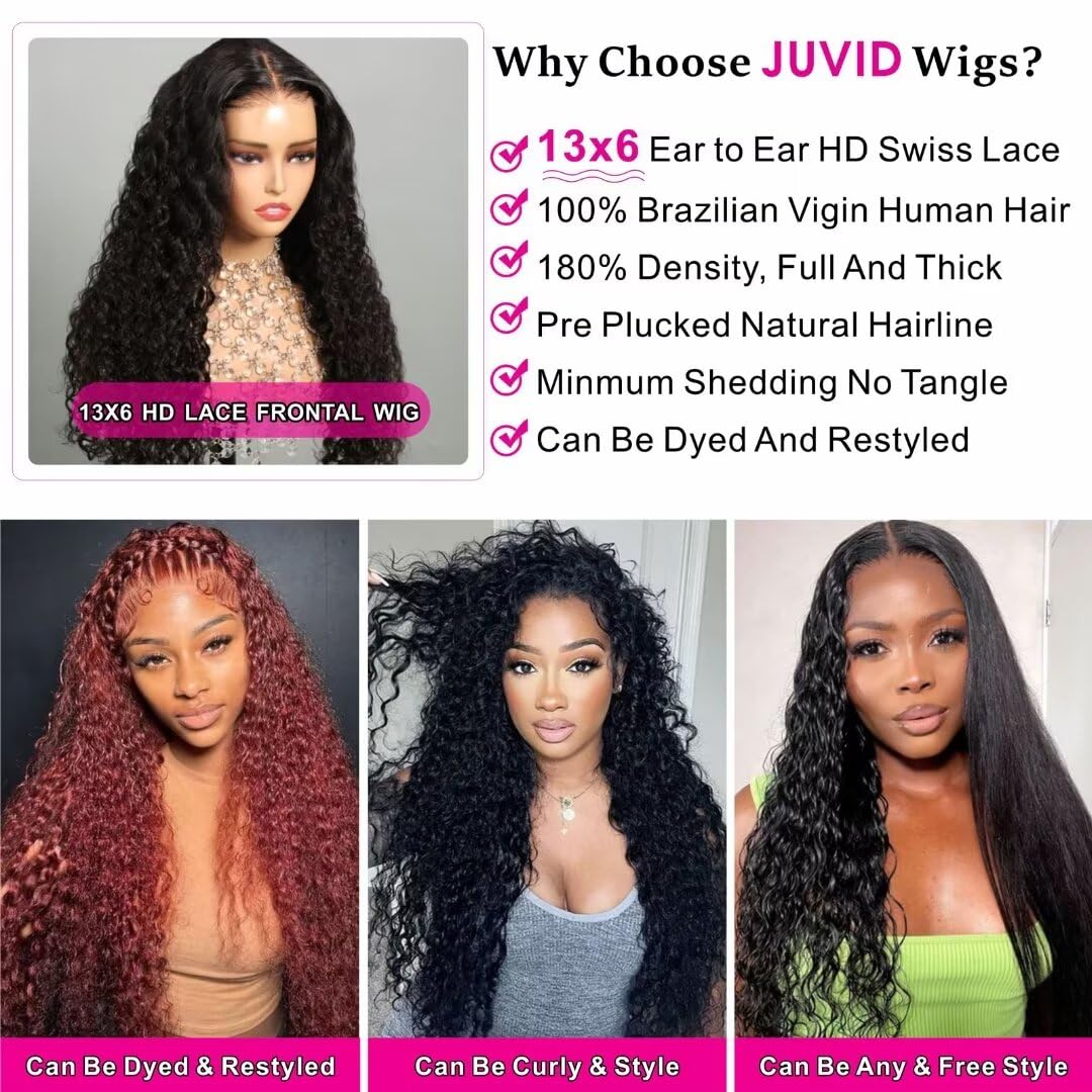 Juvid 34 Inch 13X6 Lace Front Wigs Human Hair Jeyy Curly 13X6 Hd Lace Frontal Wig Human Hair Pre Plucked 180% Density Glueless D