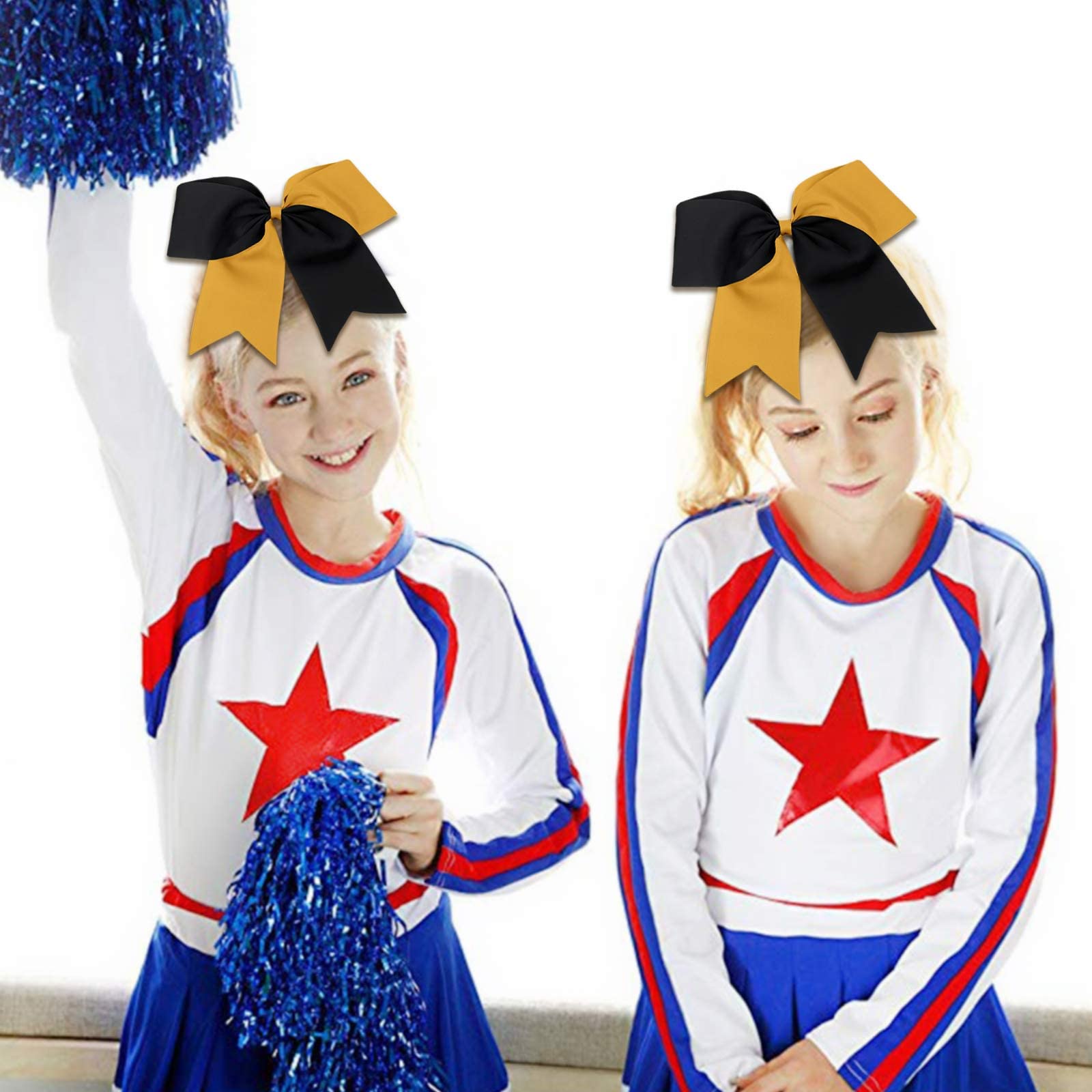 16Pcs 8 '' Large Cheer Hair Bows Ponytail Holder Elastic Band Handmade For Cheerleading Teen Girls College Sports (Black/Gold, 1