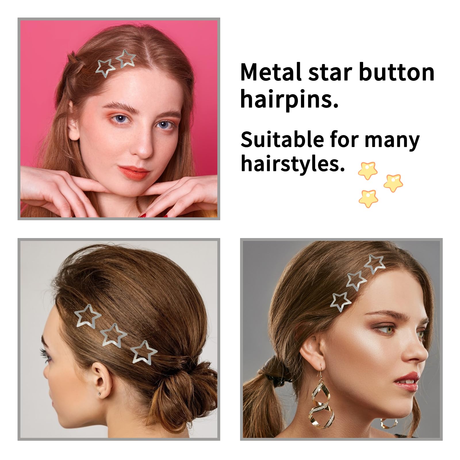 Luckyopt Metal Star Hair Clips, 10Pc 1.2In Silver Y2K 2000S Hair Barrettes Clips, Non-Slip Star Snap Hair Clips Accessories Smal