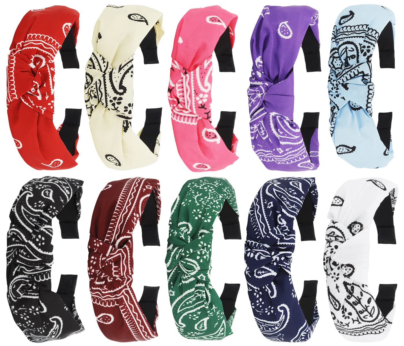 TOBATOBA 10 Pack Knotted Paisley Boho Headbands - Top Knot Head Bands for Women, Girls Hair Accessories