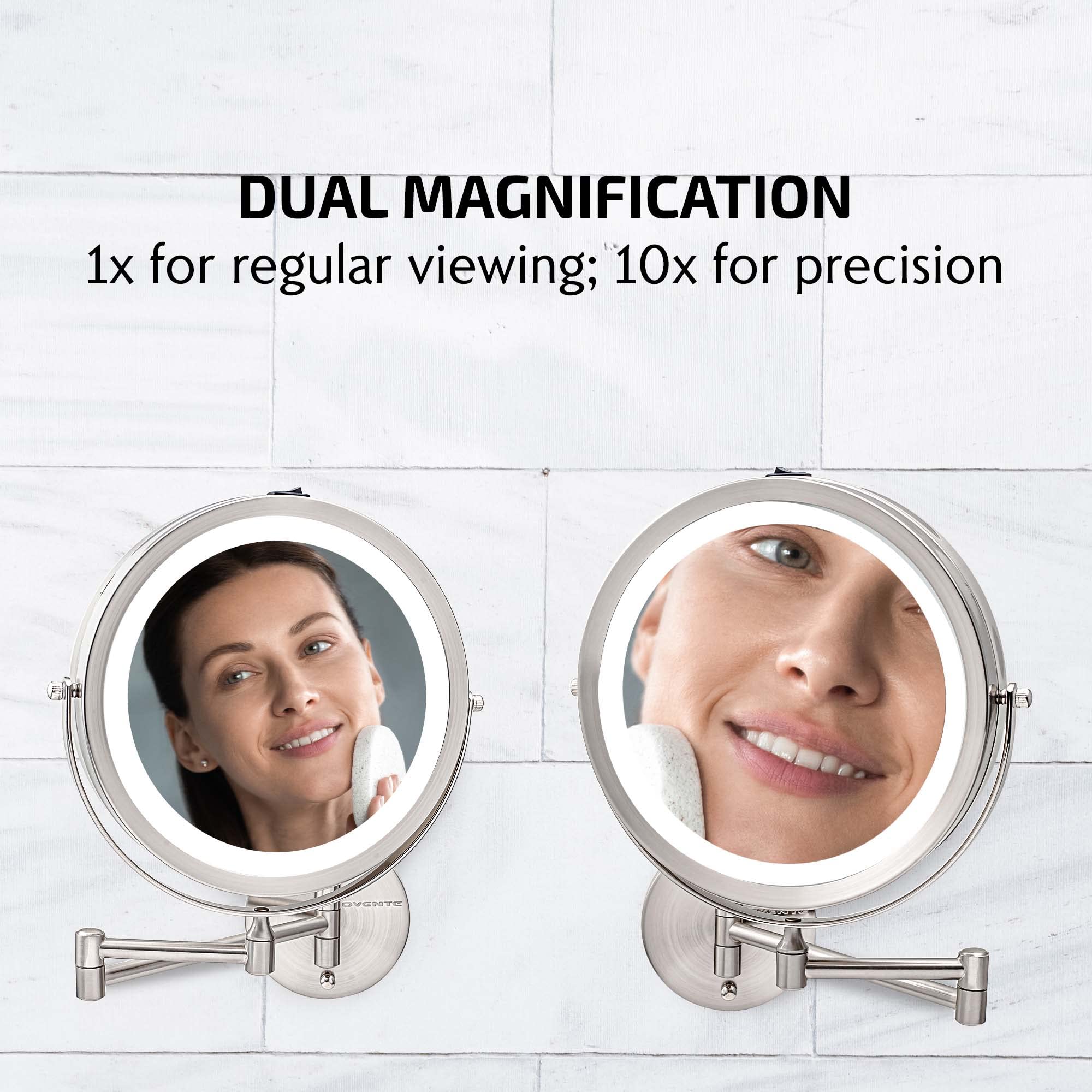 Ovente 8.6'' Lighted Wall Mount Makeup Mirror, 1X & 10X Magnifier, Adjustable Double Sided Round Led, Extend, Retractable & Fold