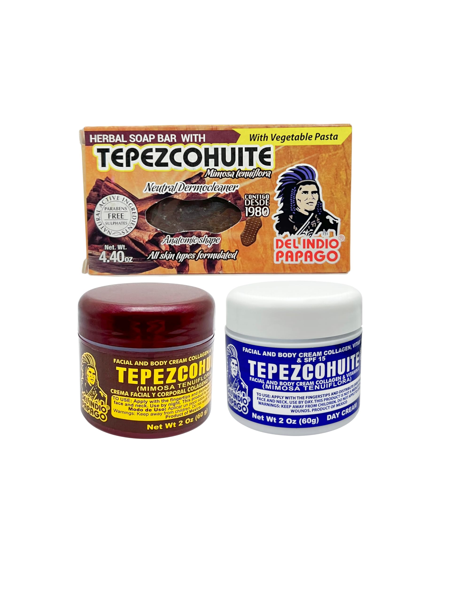 Del Indio Papago Anti Aging Combo Pack with Night Cream 2 oz, Day Cream 2 oz, and Tepezcohuite Natural Bar Soap - Skin Care Solu